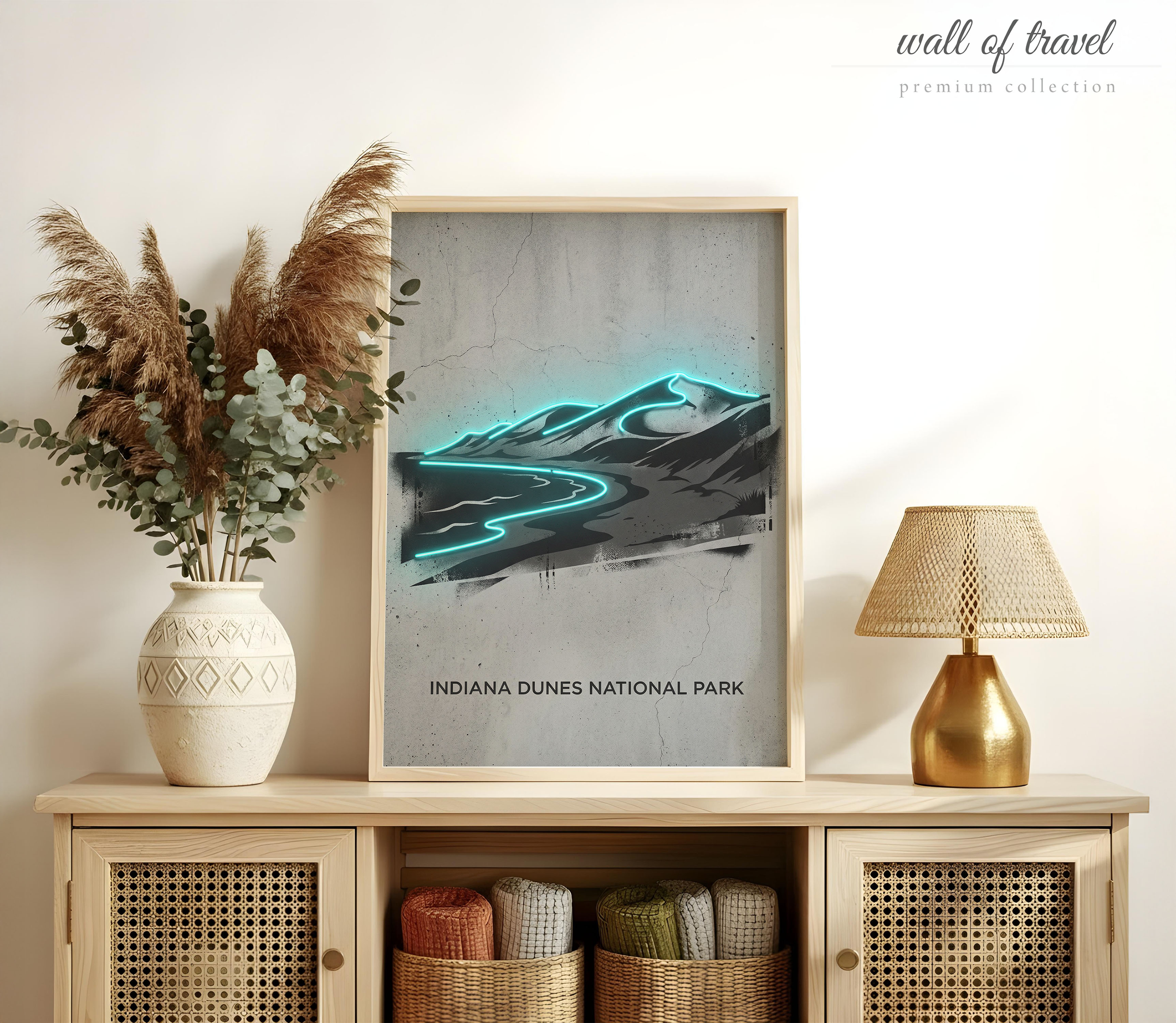 Indiana USA Sand Dunes Art, Canvas or Poster, Neon Paint Splash Decor, Living Room Bedroom Office Airbnb Wall Art, Teal Black Grey White