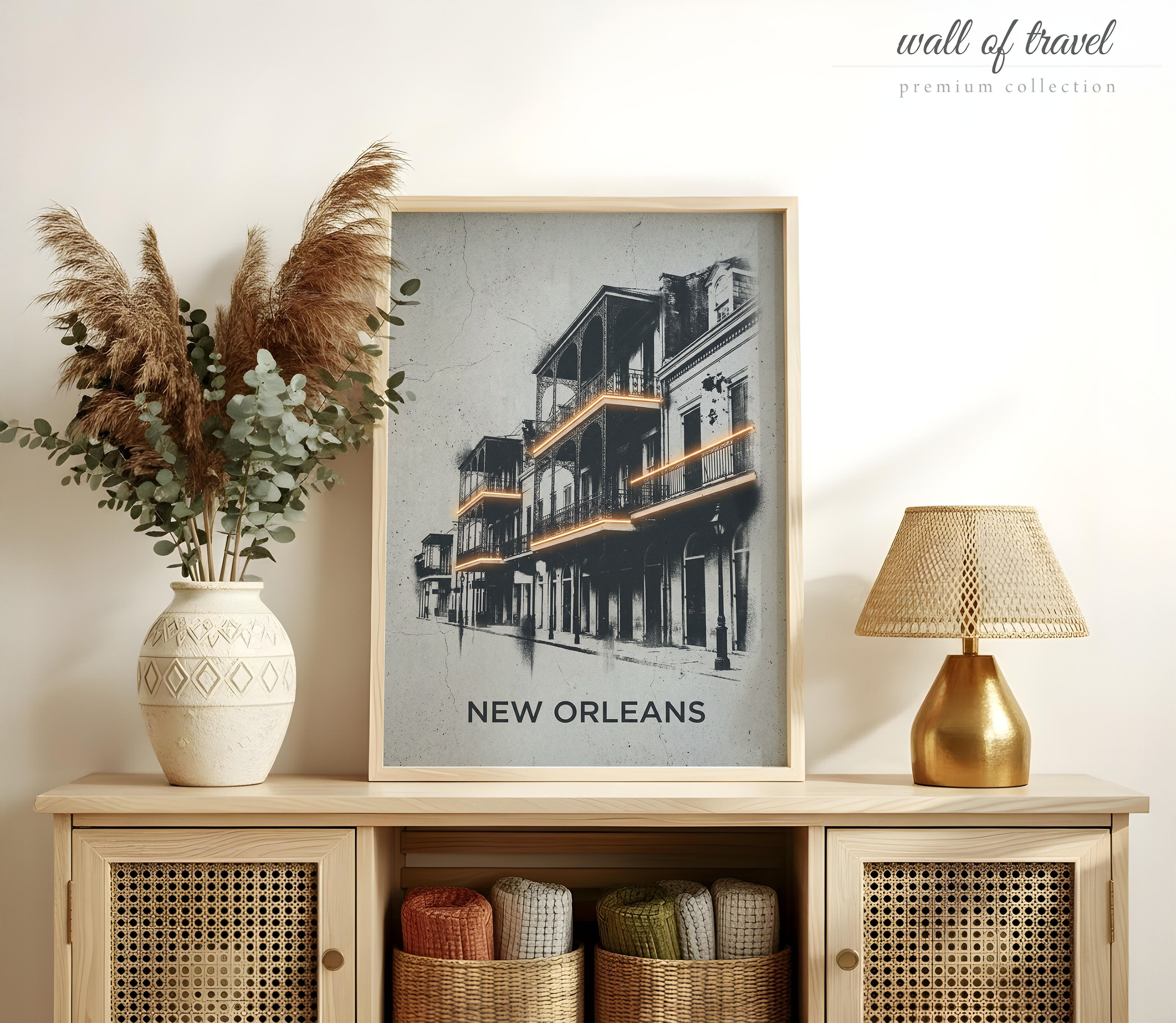 New Orleans Louisiana French Quarter Art, Canvas or Poster, Neon Paint Splash Decor, Living Room Bedroom Vacation Home Wall Art, Black Grey