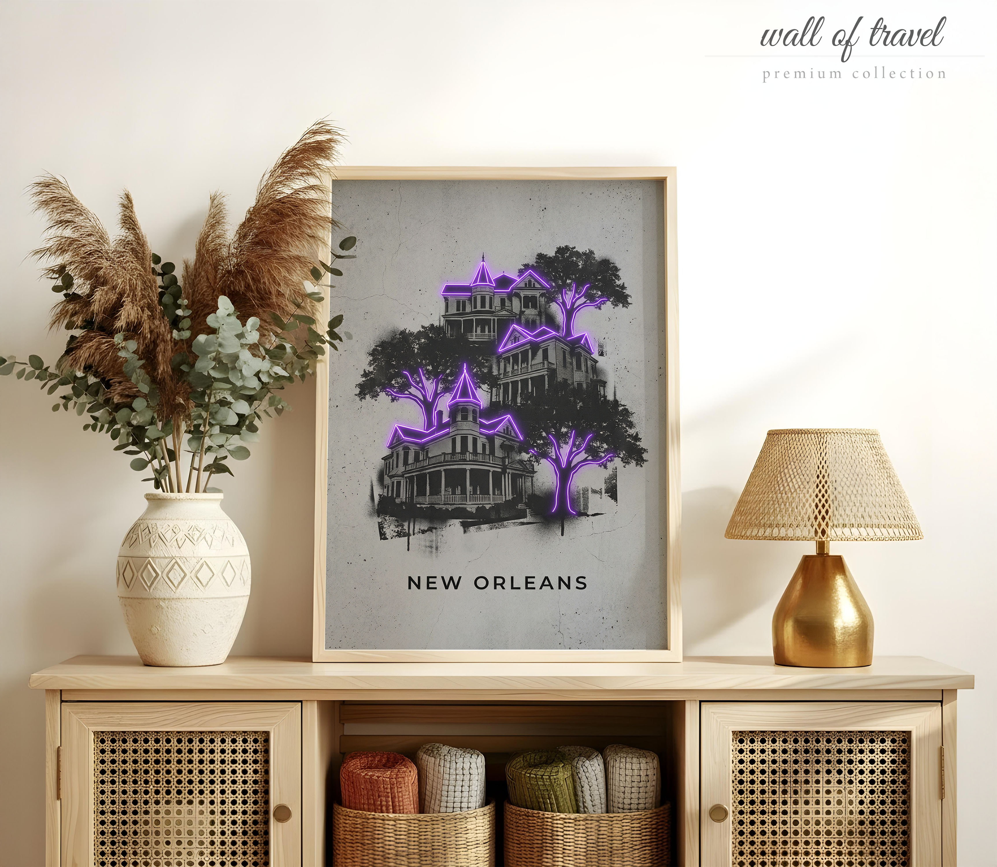 New Orleans Louisiana Antebellum Mansions Art, Canvas or Poster, Neon Paint Splash Decor, Living Room Entryway Vacation Home Wall Art, Grey