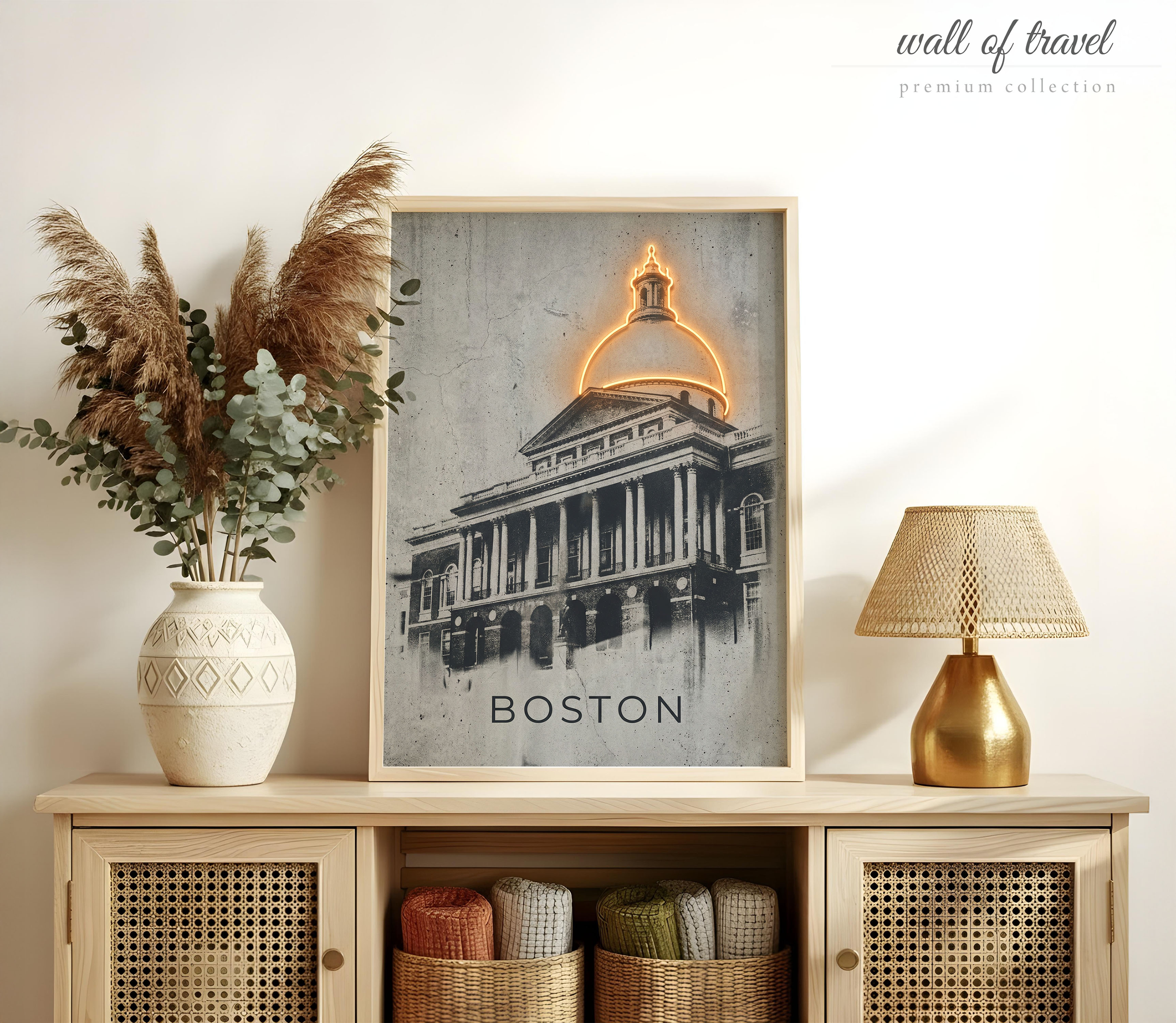 Boston Massachusetts State House Art, Canvas or Poster, Neon Paint Splash Decor, Living Room Office Entryway Wall Art, Gold Black Grey White