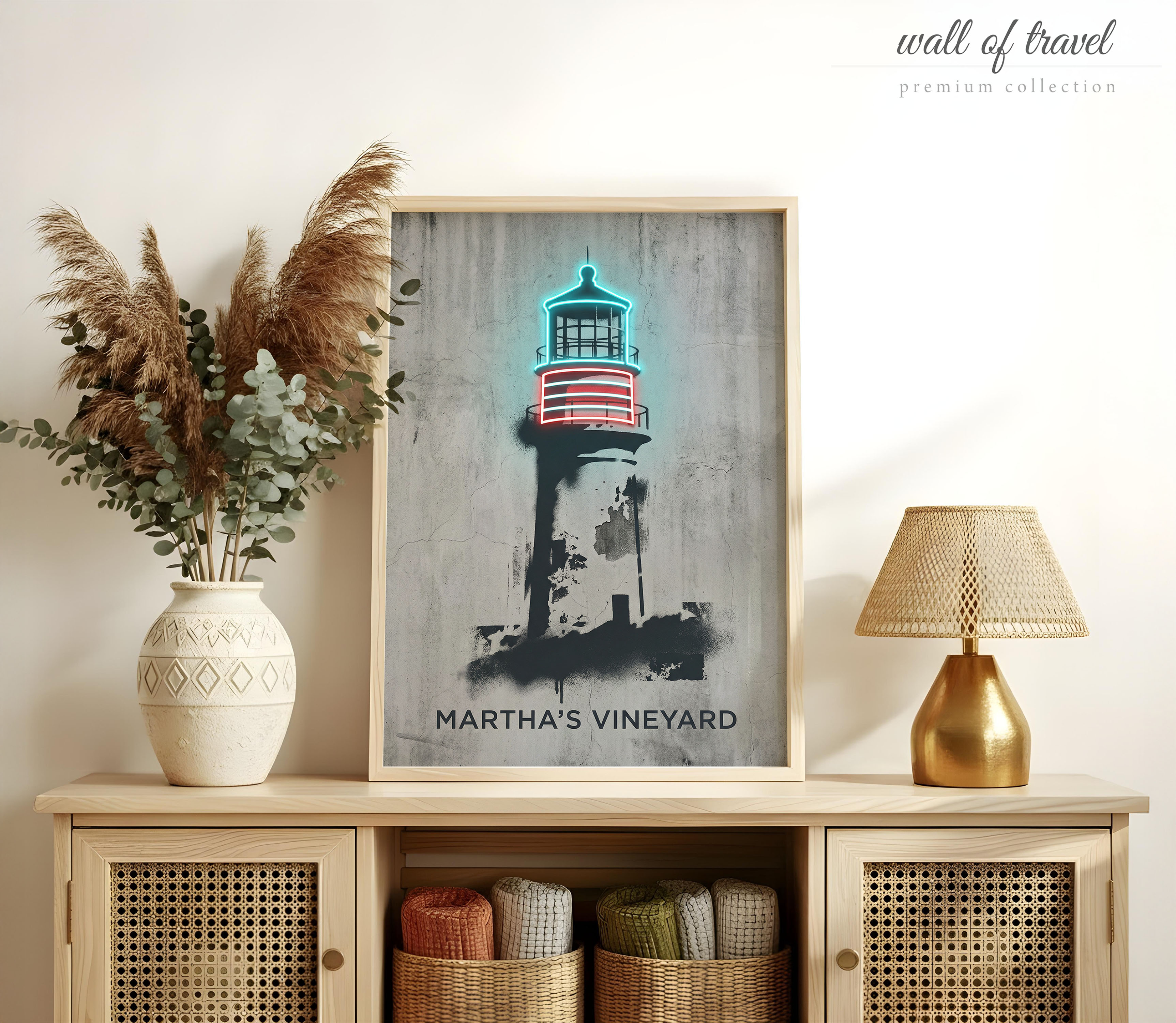 Martha's Vineyard Massachusetts Lighthouse Art, Canvas or Poster, Graffiti Pop Art Decor, Living Room Entryway Vacation Home Wall Art, Red