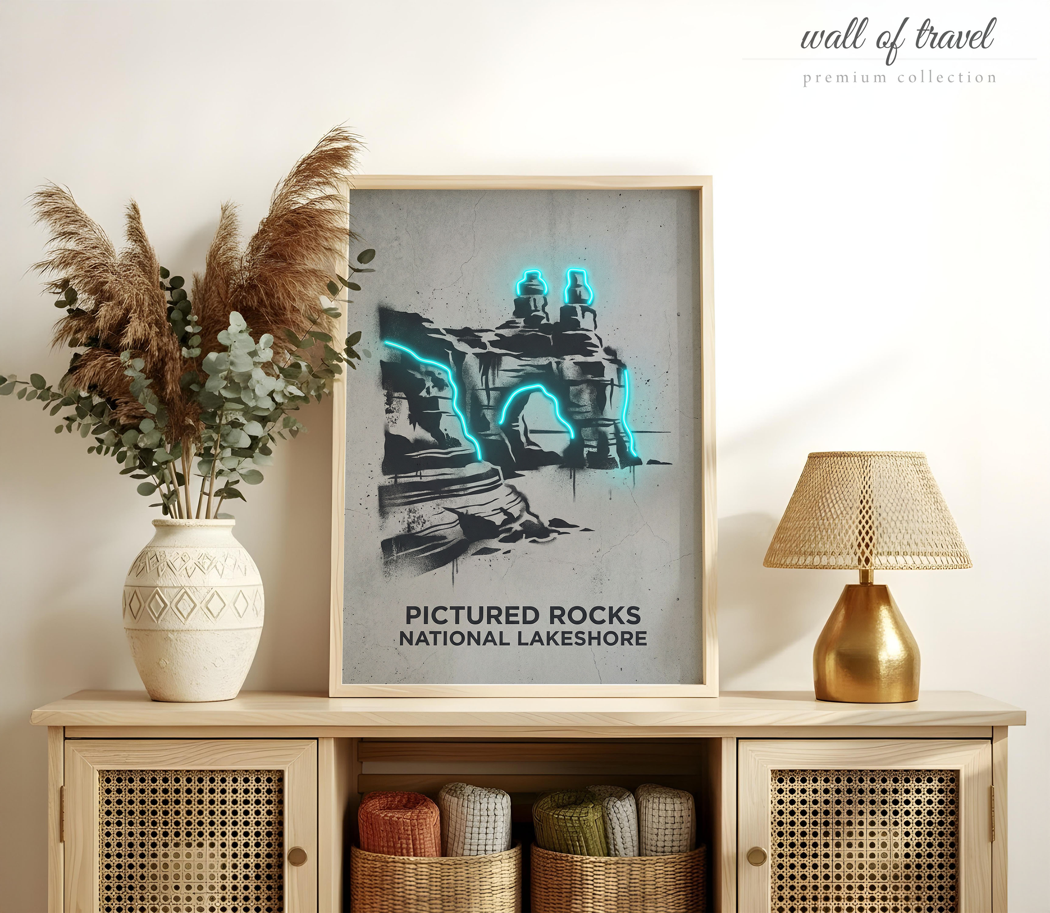 Munising Michigan Sandstone Cliffs Art, Canvas or Poster, Neon Paint Splash Decor, Living Room Vacation Home Bedroom Wall Art, Blue Grey