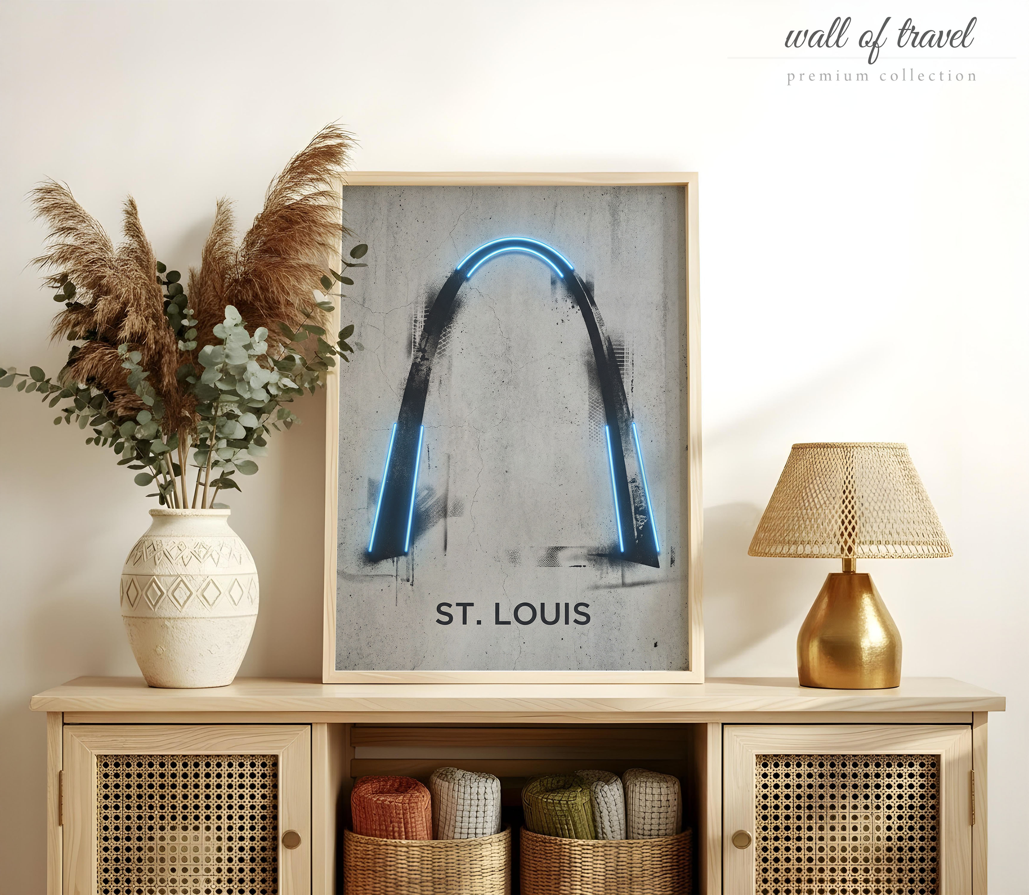 St. Louis Missouri Gateway Arch Art, Canvas or Poster, Neon Paint Splash Decor, Living Room Office Entryway Wall Art, Blue Black Grey White