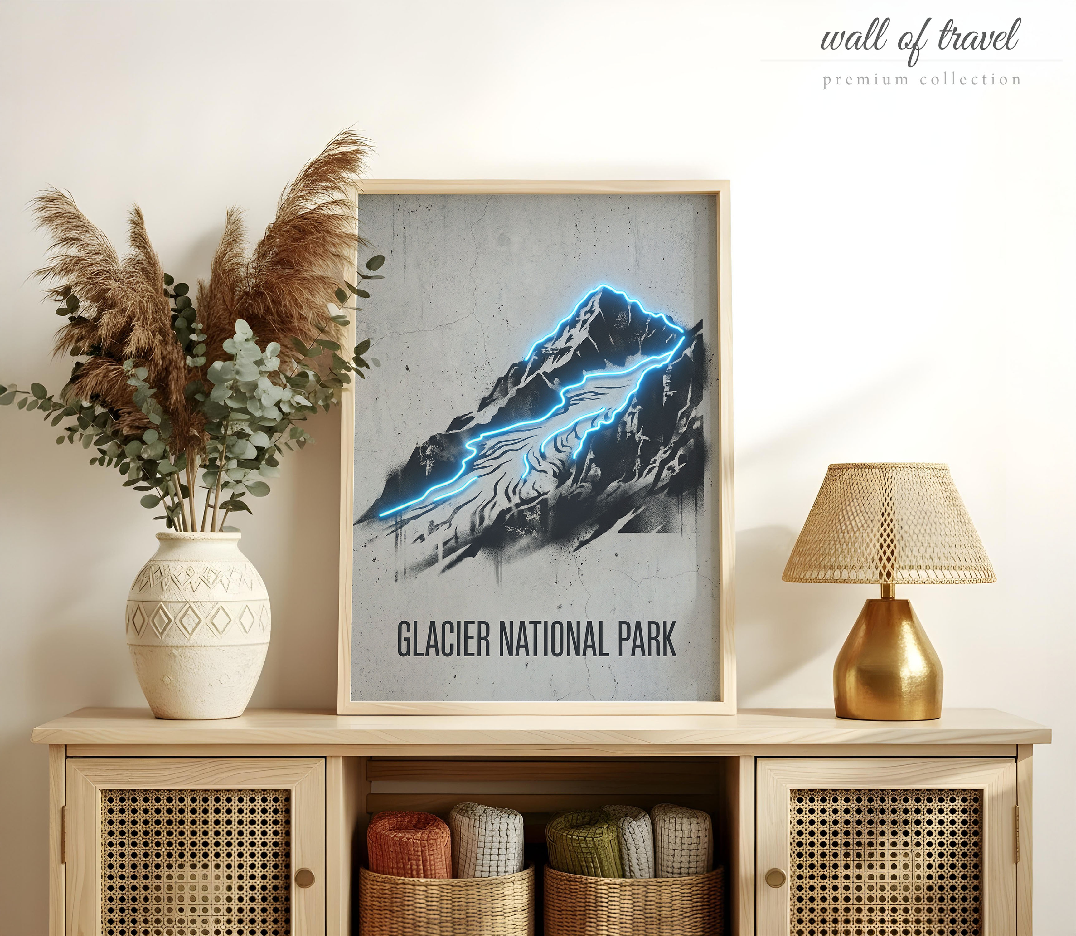 Glacier National Park Montana Mountain and Art, Canvas or Poster, Neon Paint Splash Decor, Living Room Office Den Wall Art, Blue Black Grey