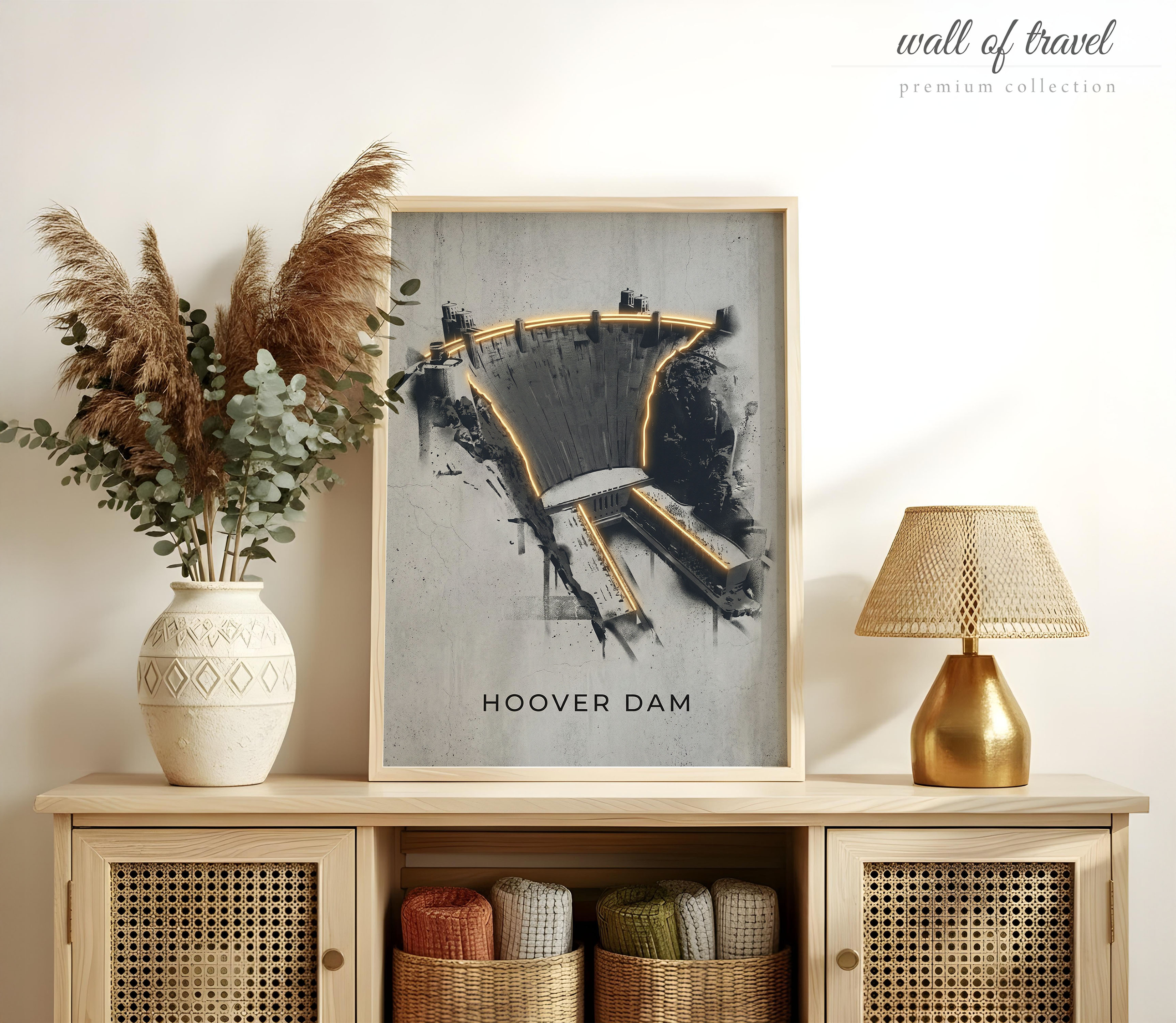 Arizona Nevada Hoover Dam Structure Art, Canvas or Poster, Neon Paint Splash Decor, Living Room Office Game Room Wall Art, Black Grey Orange