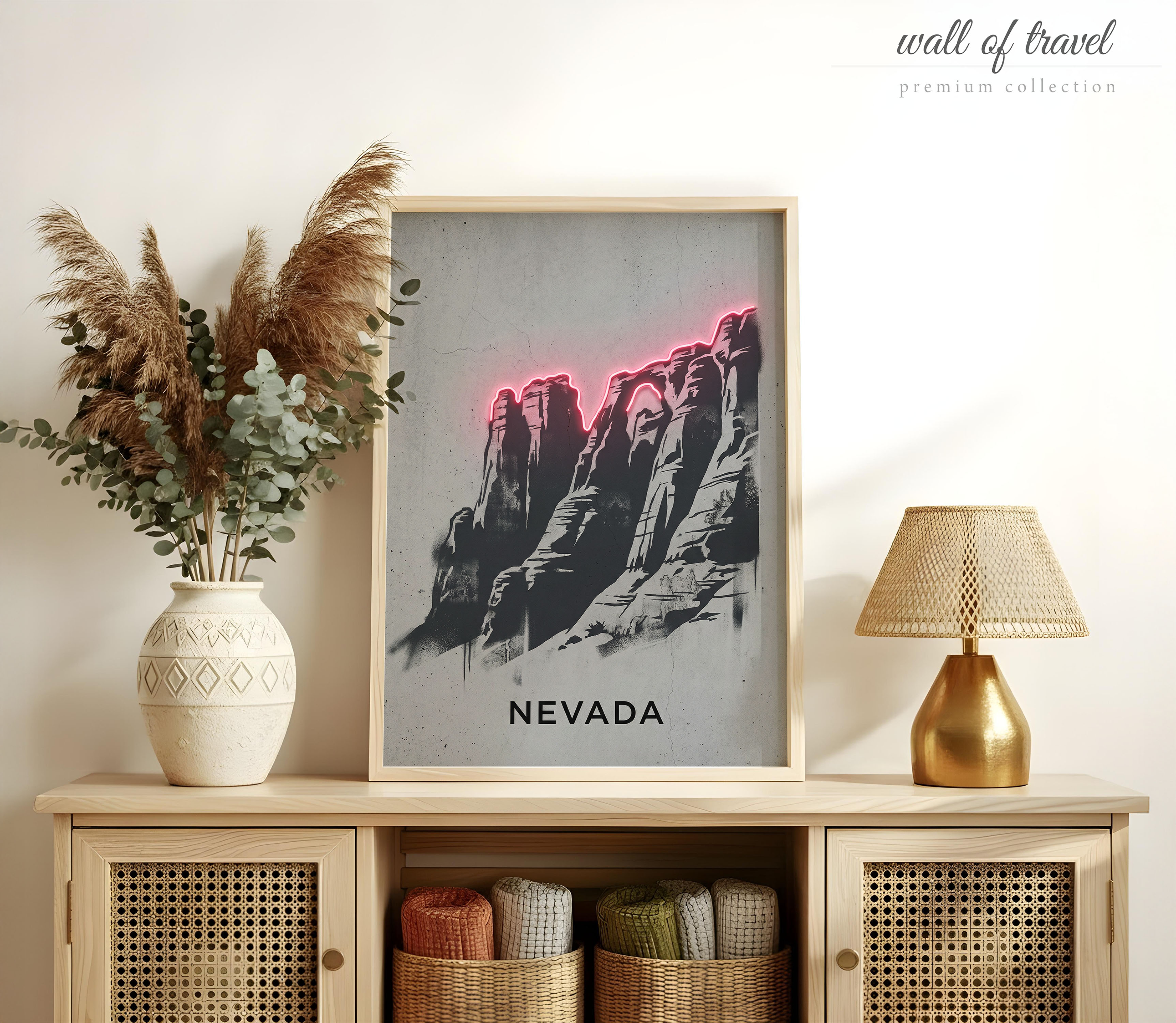 Nevada USA Desert Rock Formations Art, Canvas or Poster, Neon Paint Splash Decor, Living Room Entryway Vacation Home Wall Art, Pink Grey