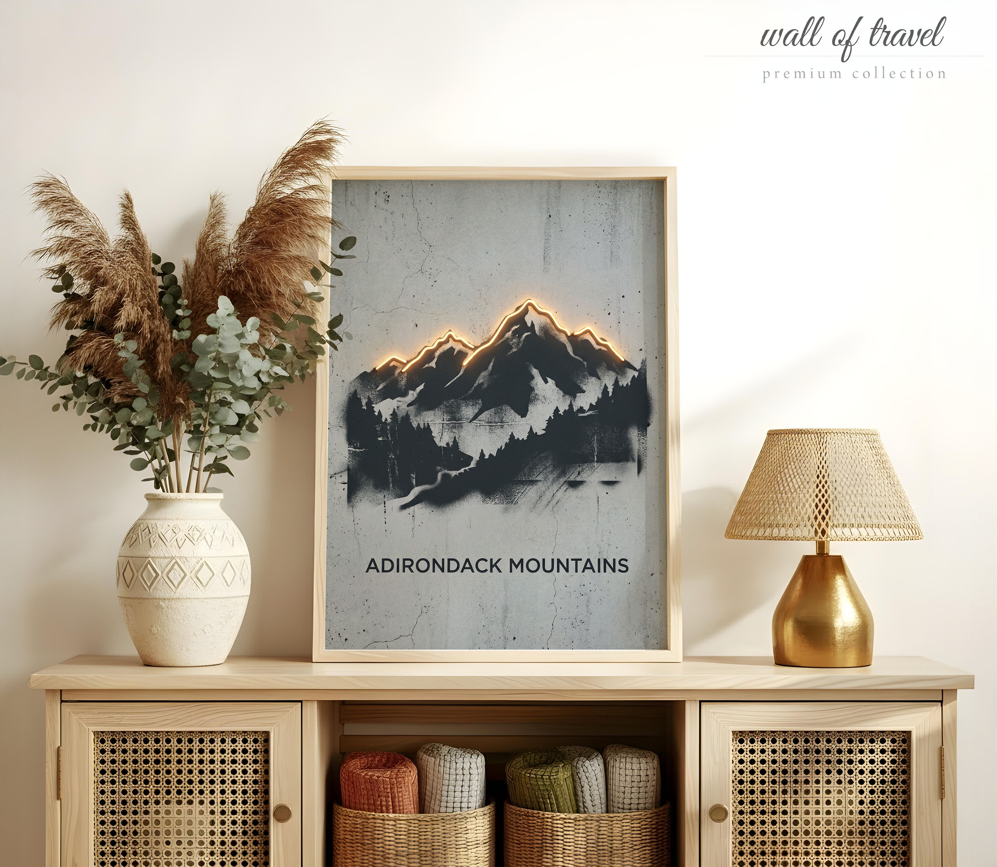 Adirondack Mountains New York Mountain Range Neon Outline Art, Canvas or Poster, Neon Paint Splash Decor, Bedroom Office Wall Art, Grey