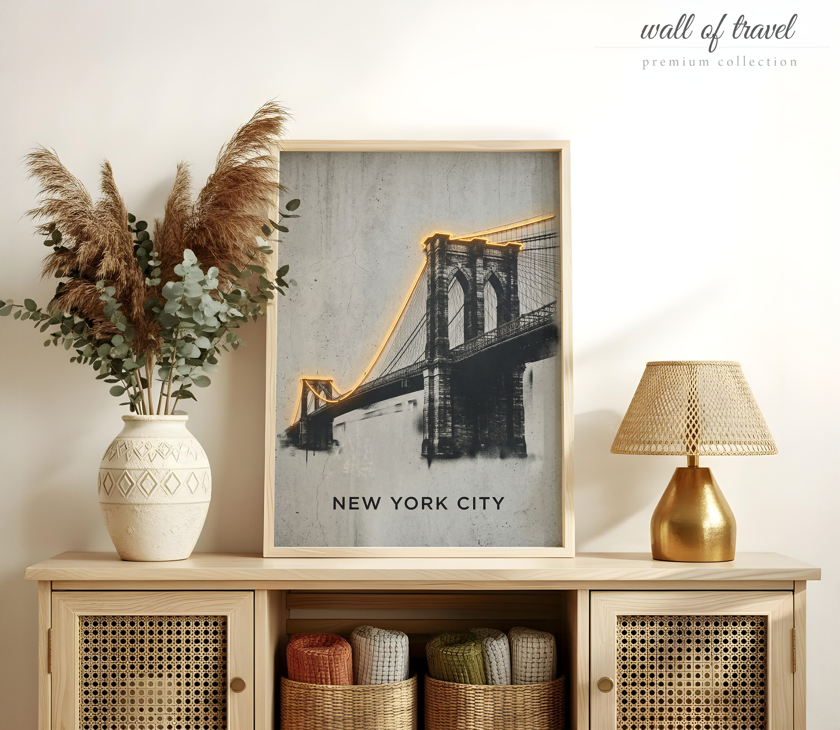 New York Usa Brooklyn Bridge Art, Canvas or Poster, Neon Paint Splash Decor, Living Room Office Entryway Wall Art, Black Orange Grey White