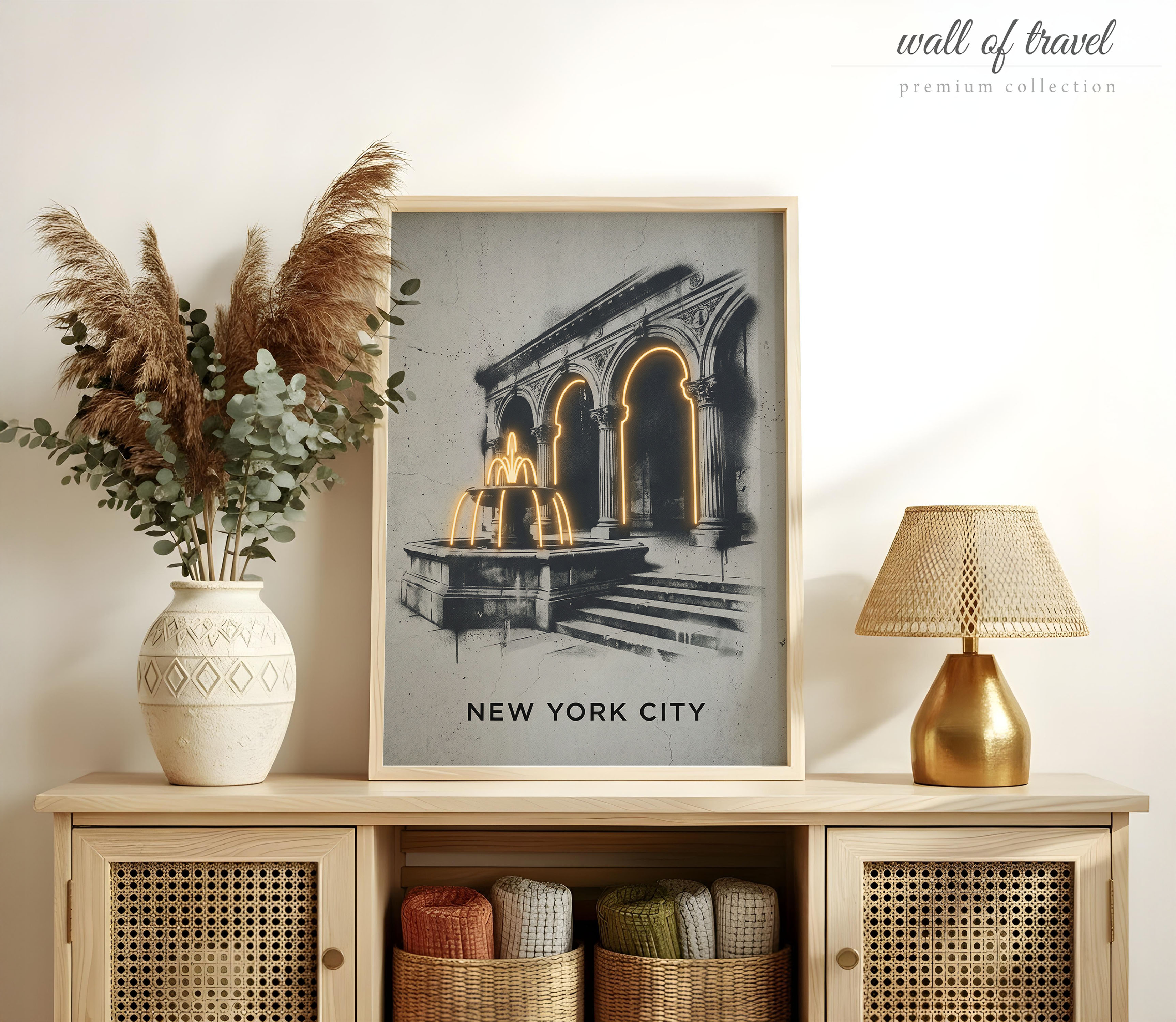 New York USA Grand Army Plaza Fountain Art, Canvas or Poster, Neon Paint Splash Decor, Living Room Entryway Home Wall Art, Black White Gold