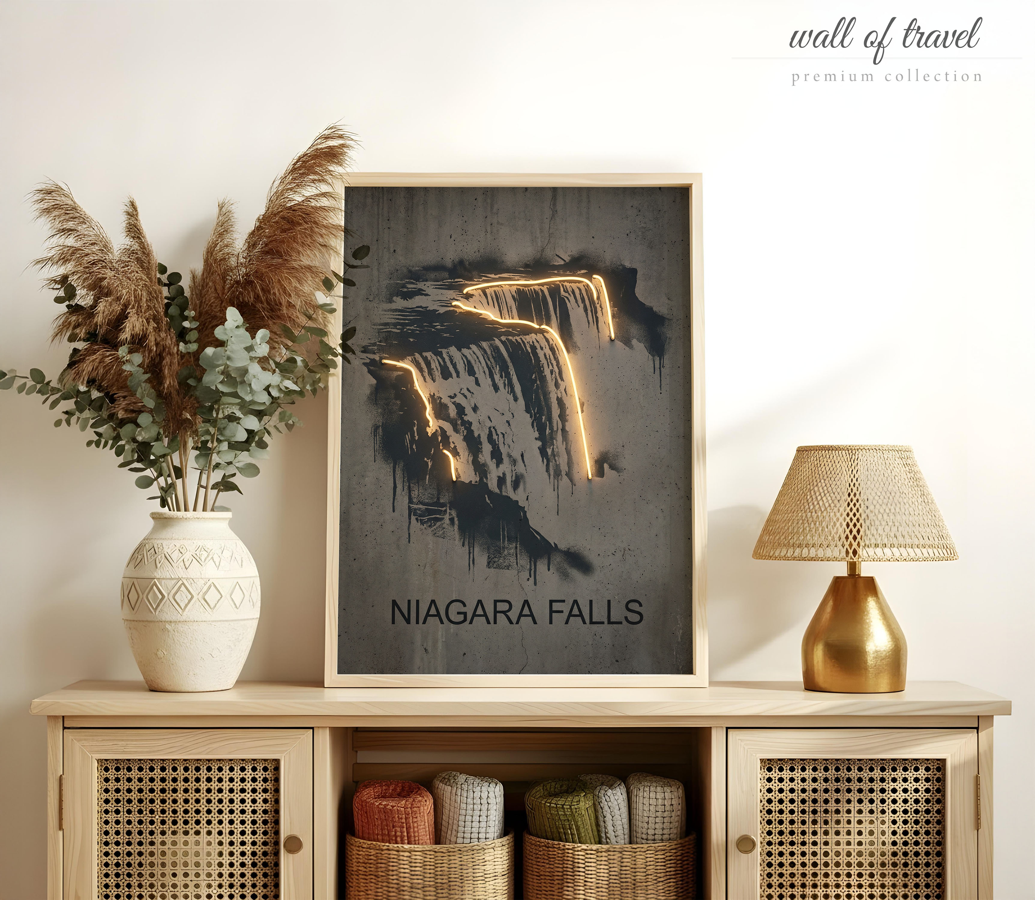 Niagara Falls New York Falls Art, Canvas or Poster, Neon Paint Splash Decor, Living Room Entryway Vacation Home Wall Art, Gold Black Grey