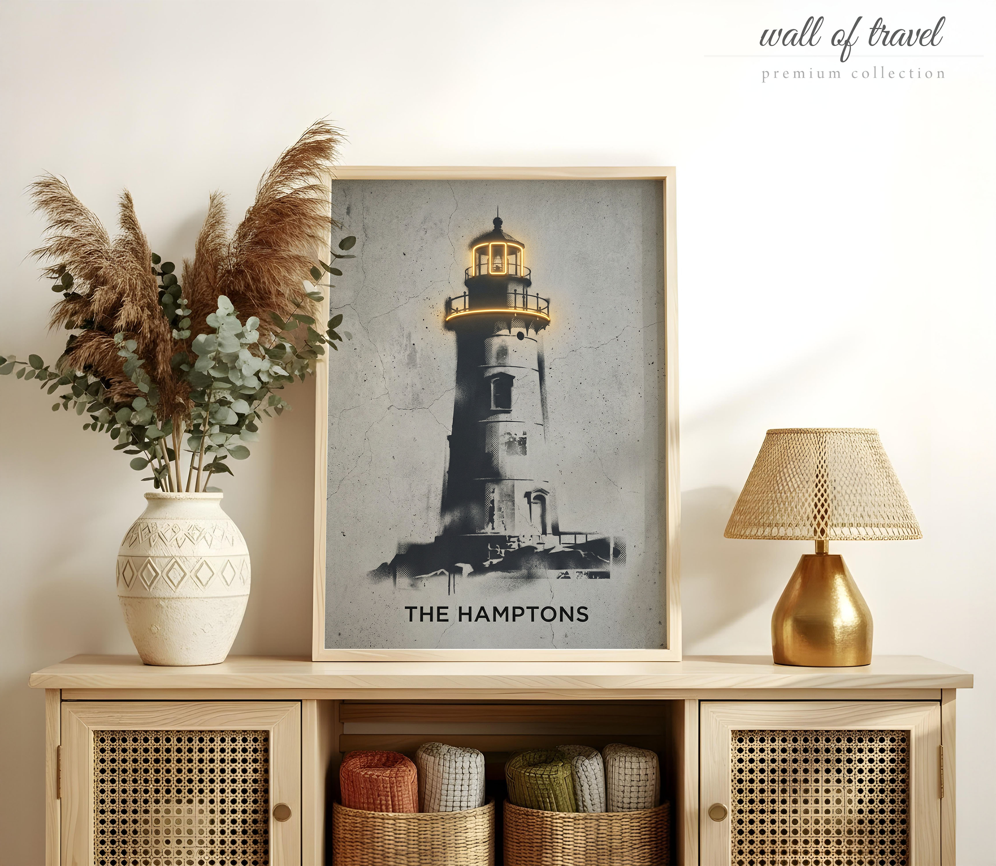 The Hamptons New York Lighthouse Art, Canvas or Poster, Graffiti Pop Art Decor, Living Room Entryway Vacation Home Wall Art, White Gold