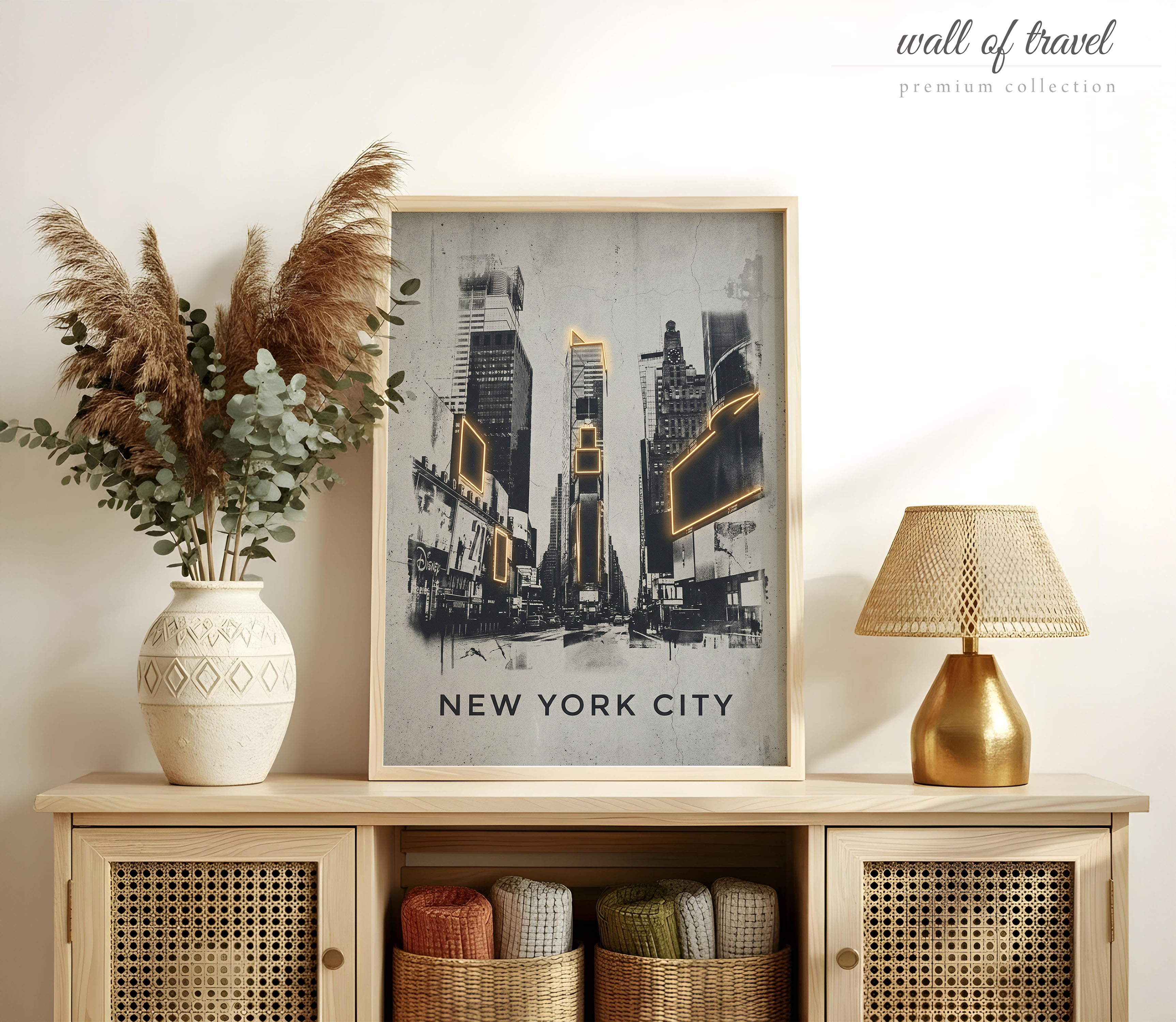 New York USA Times Square Art, Canvas or Poster, Neon Paint Splash Decor, Living Room Office Entryway Wall Art, Black White Gold
