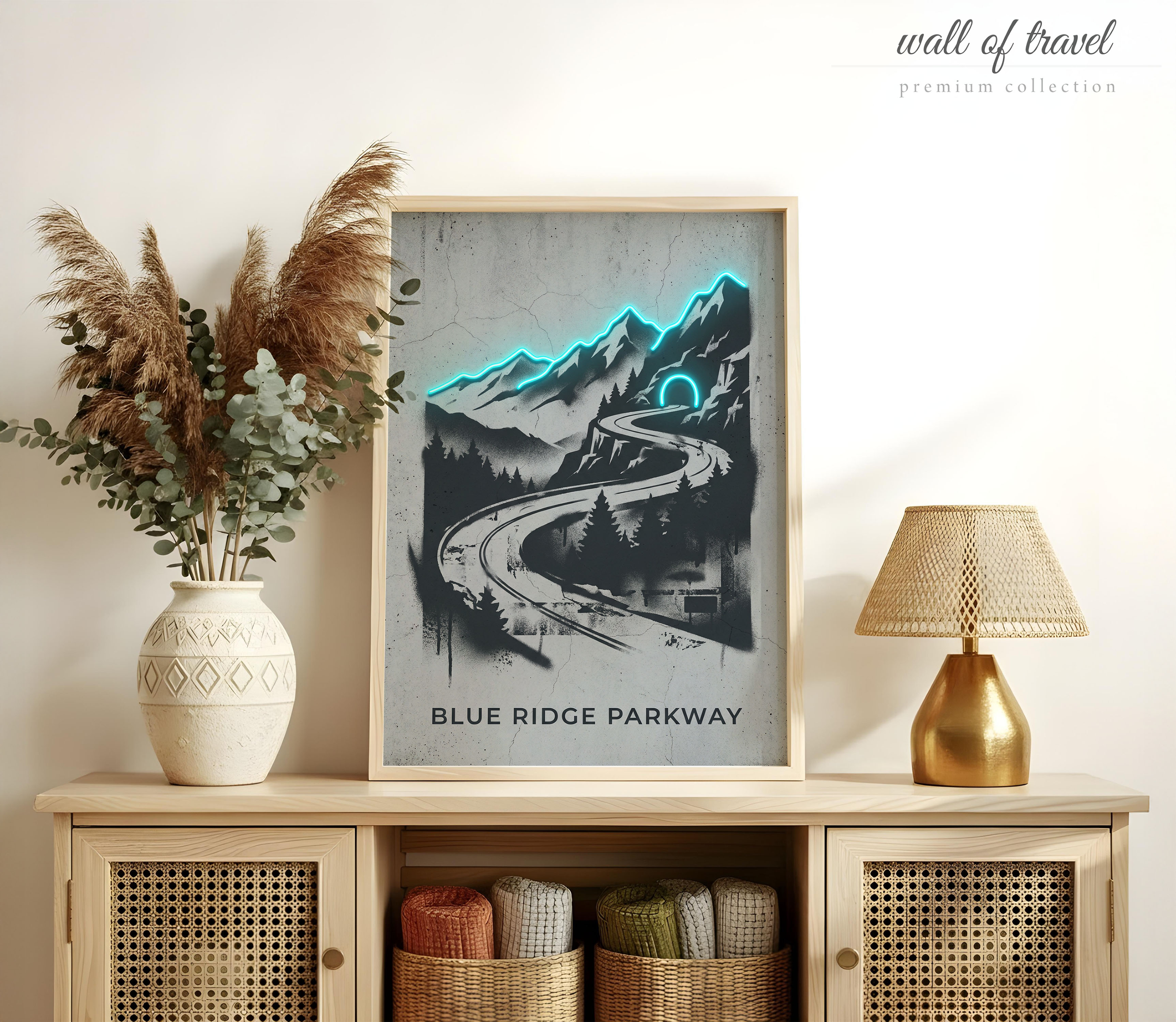 Blue Ridge Parkway Virginia/North Carolina Winding Road Art, Canvas or Poster, Neon Paint Splash Decor, Living Room Office Wall Art, Grey