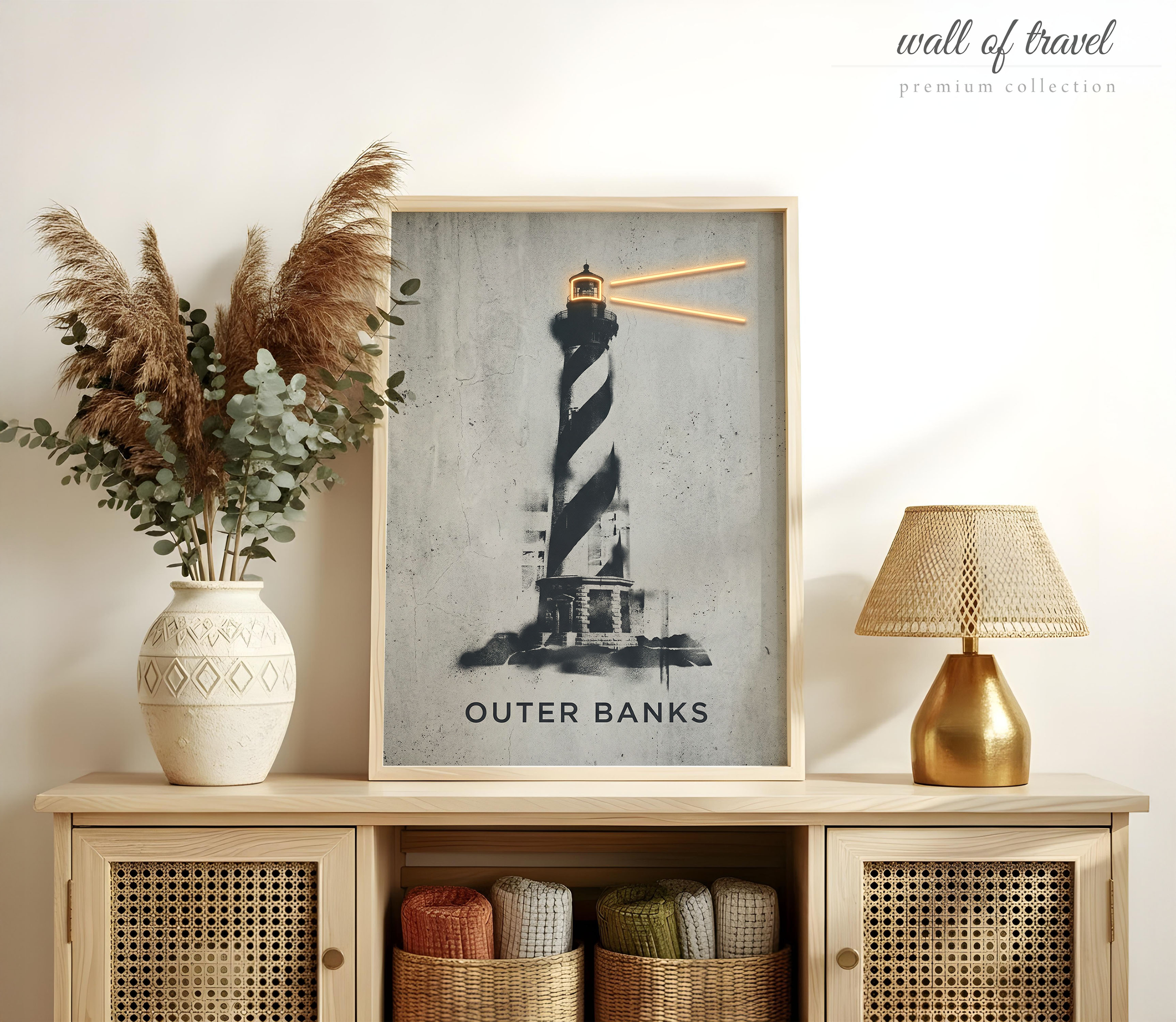 Outer Banks North Carolina Bodie Island Lighthouse Art, Canvas or Poster, Neon Paint Splash Decor, Entryway Bedroom Wall Art, Teal Black