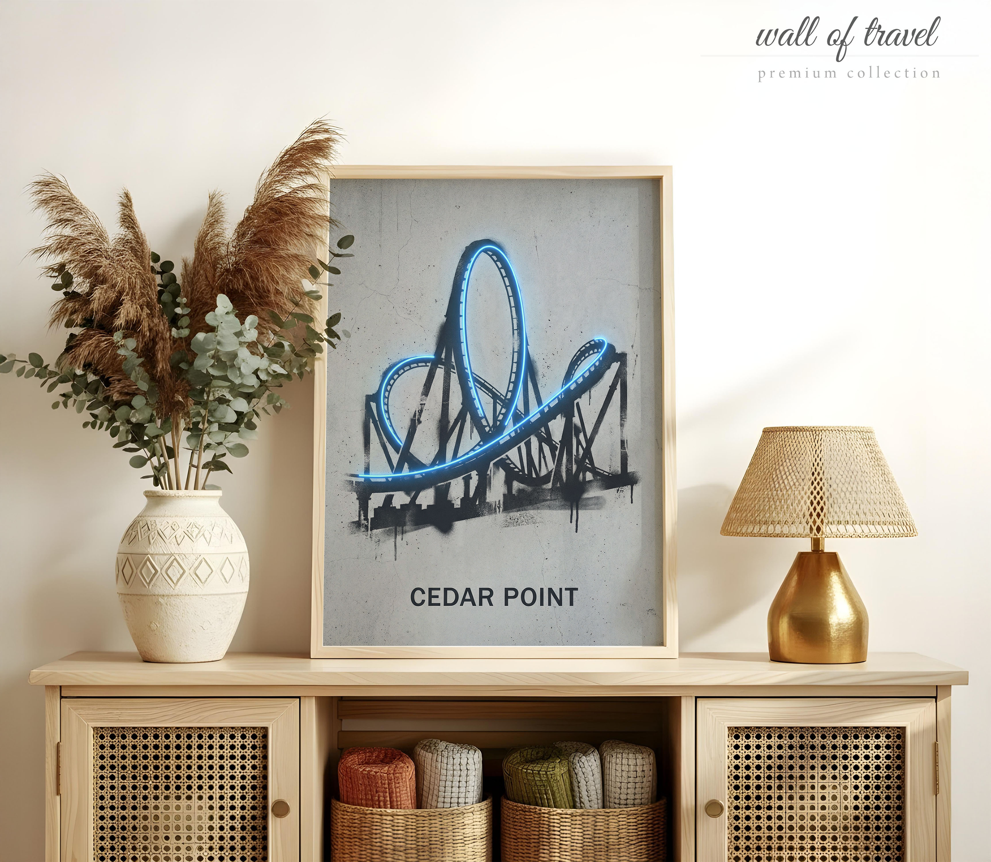 Cedar Point Ohio Roller Coaster Art, Canvas or Poster, Graffiti Pop Art Decor, Game Room Home Bar Living Room Wall Art, Blue Black Grey