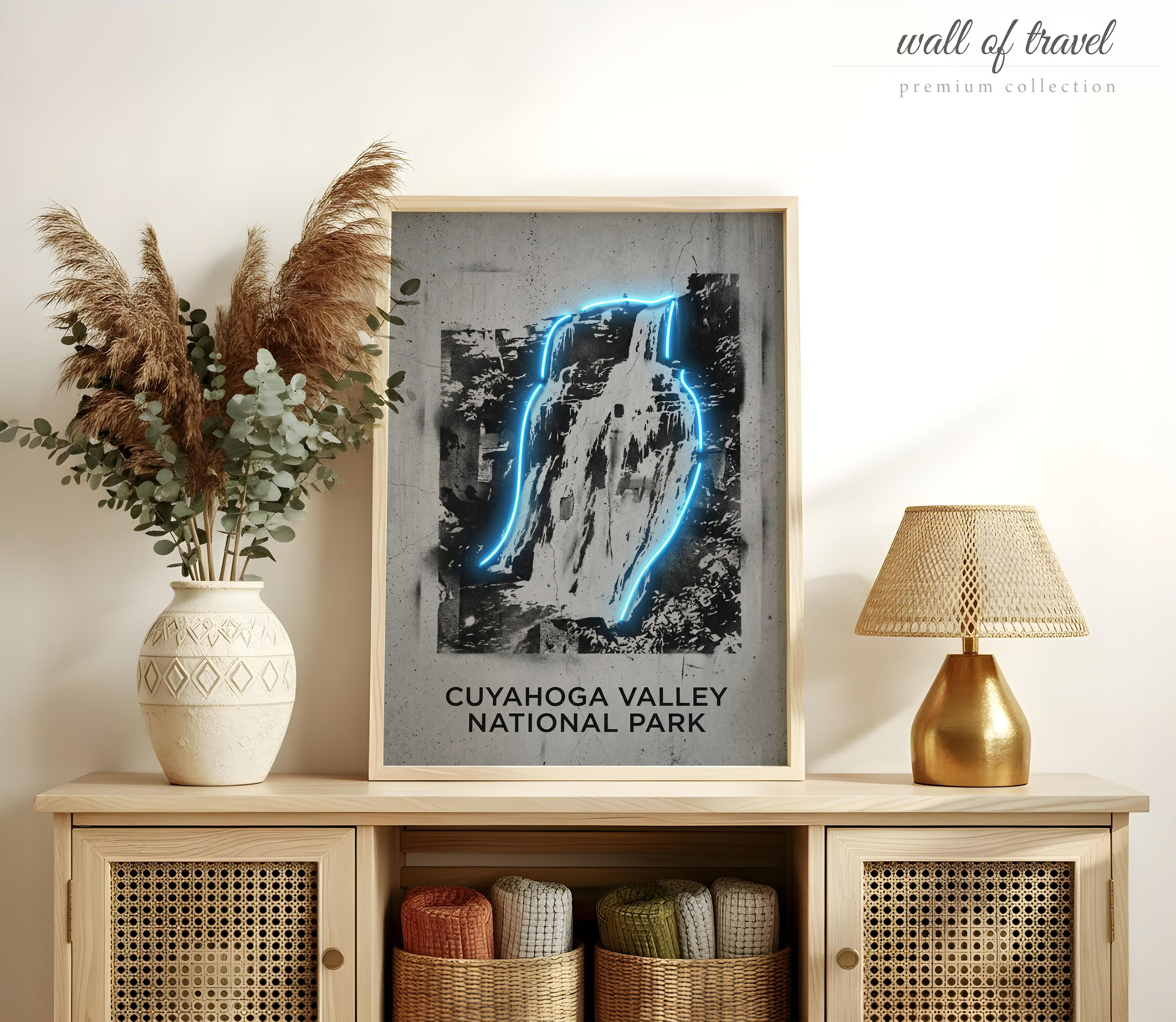 Cuyahoga Valley National Park Ohio Brandywine Falls Art, Canvas or Poster, Neon Paint Splash Decor, Living Room Office Study Wall Art, Blue