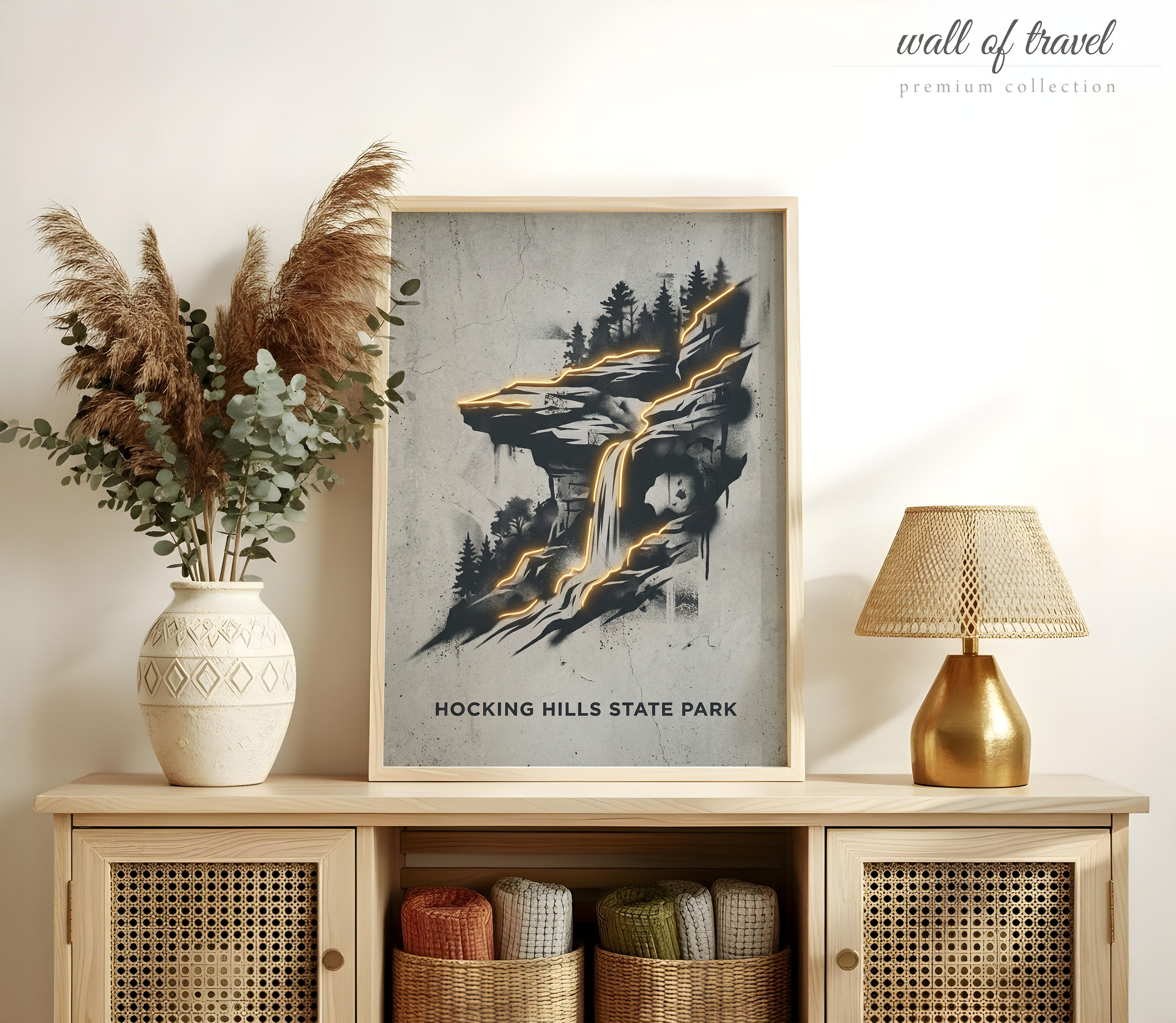 Hocking Hills Ohio Old Man's Cave Waterfall Art, Canvas or Poster, Neon Paint Splash Decor, Living Room Vacation Home Den Wall Art, Grey