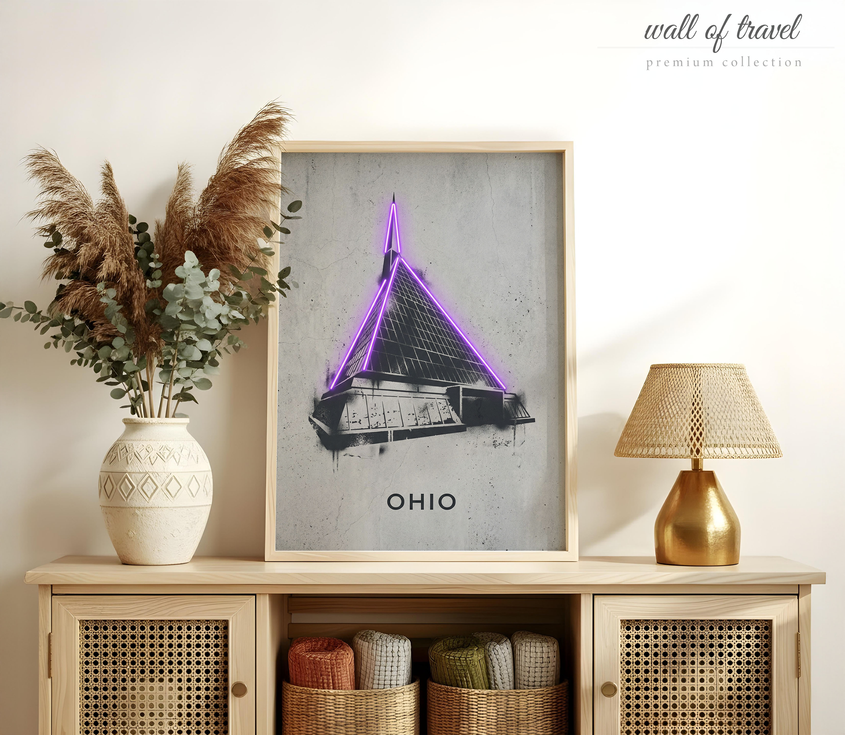 Ohio USA Capitol Building Art, Canvas or Poster, Neon Paint Splash Decor, Living Room Office Entryway Wall Art, Purple Grey Black White
