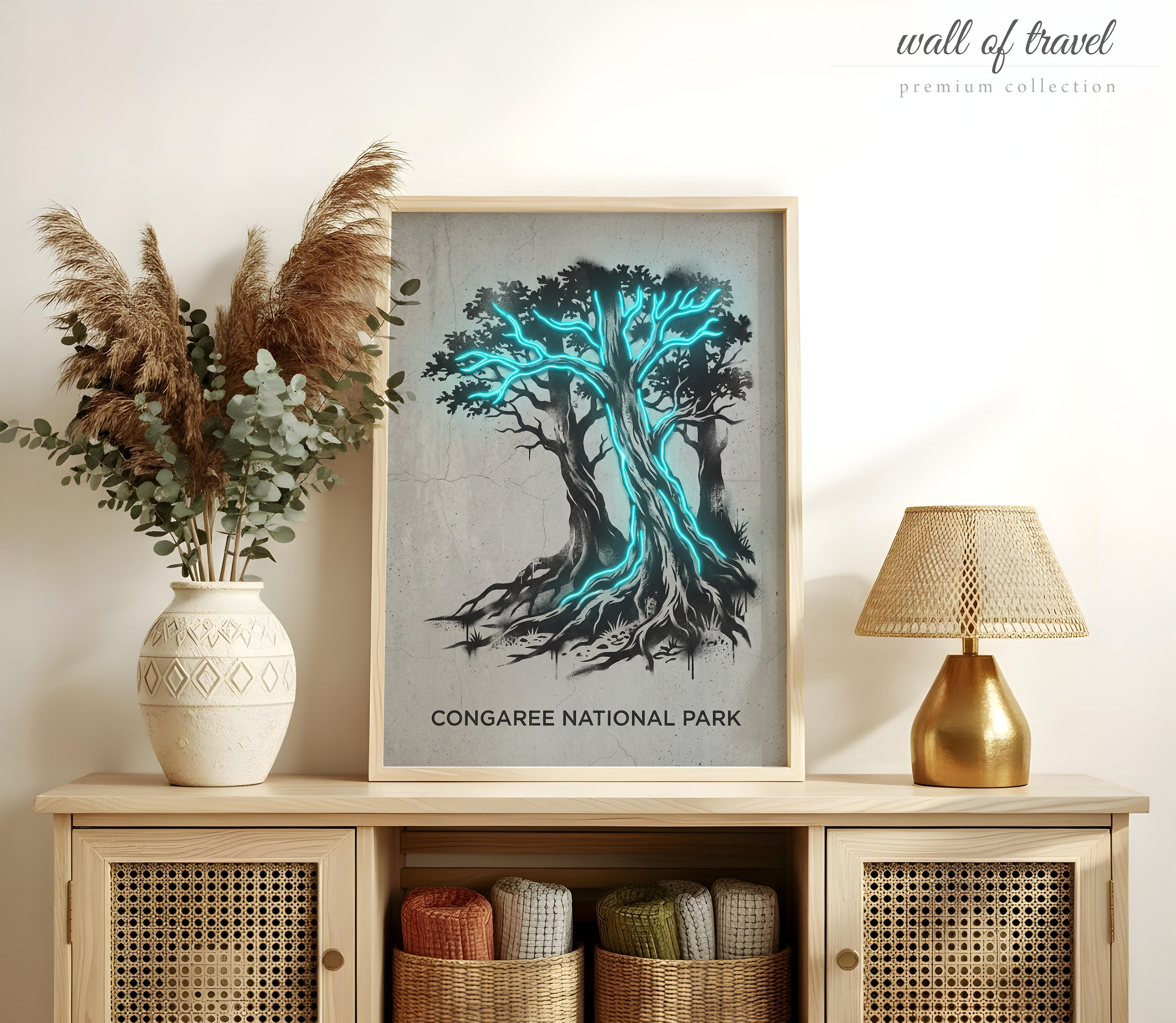 Congaree National Park South Carolina Old Growth Forest Art, Canvas or Poster, Neon Paint Splash Decor, Game Room Office Wall Art, Teal