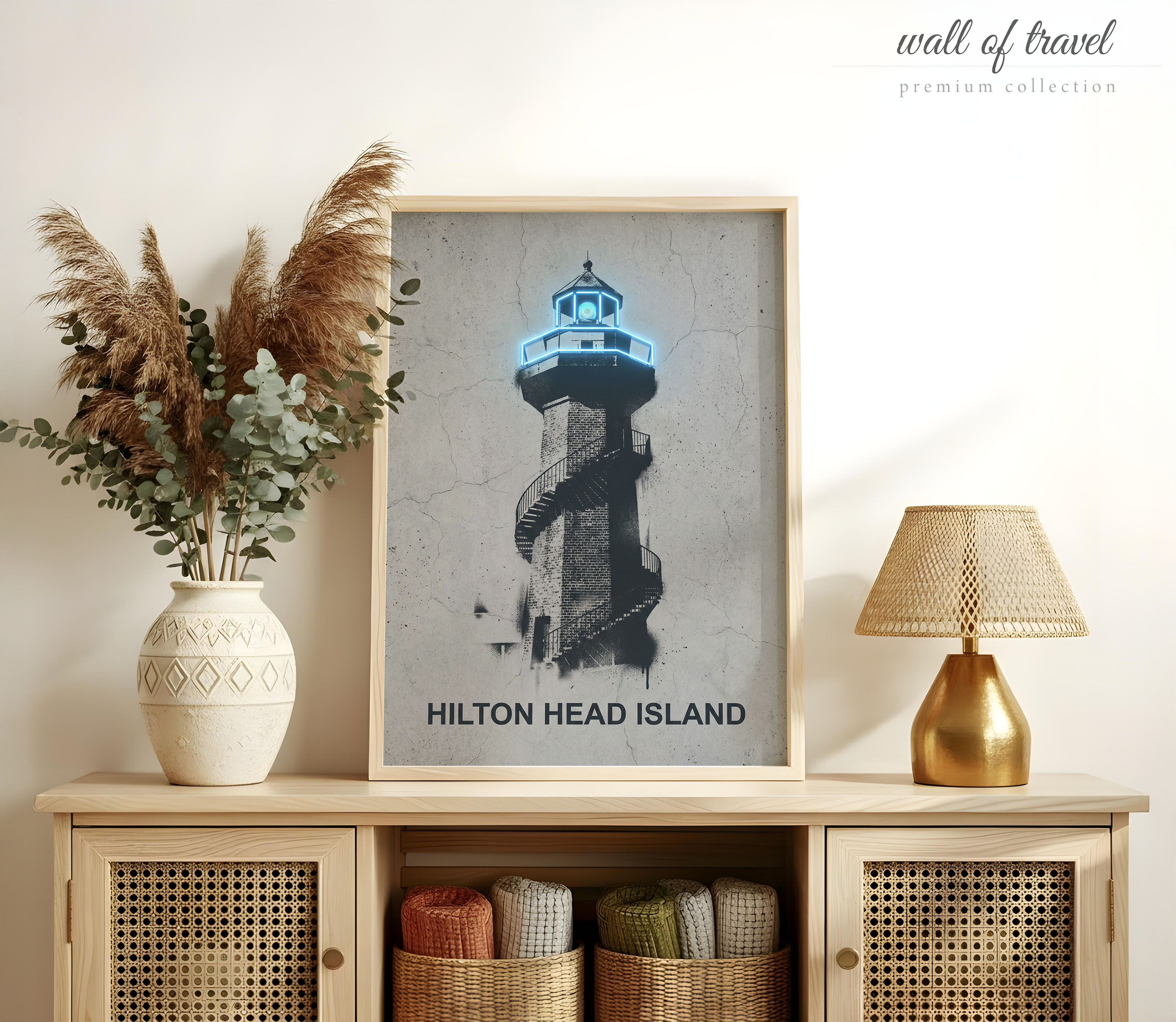 Hilton Head Island South Carolina Lighthouse Art, Canvas or Poster, Neon Splash Decor, Living Room Entryway Vacation Home Wall Art, Grey