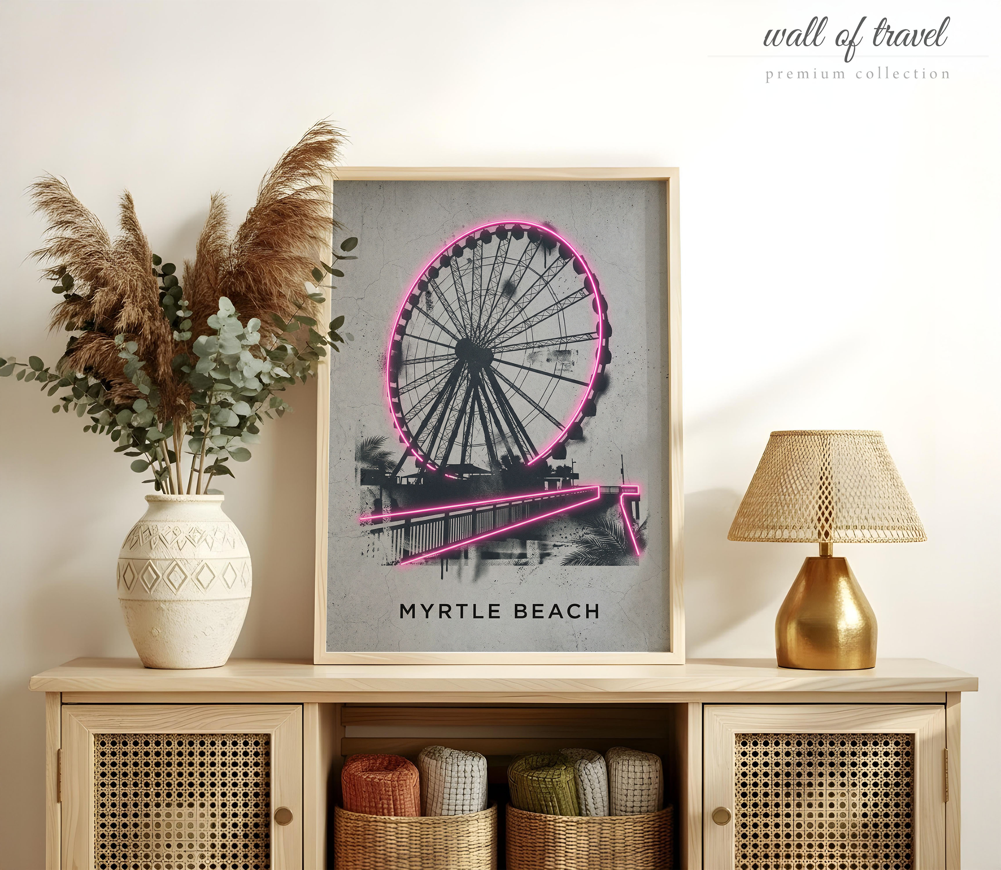 Myrtle Beach South Carolina SkyWheel Art, Canvas or Poster, Neon Paint Splash Decor, Living Room Bedroom Vacation Home Wall Art, Pink Grey