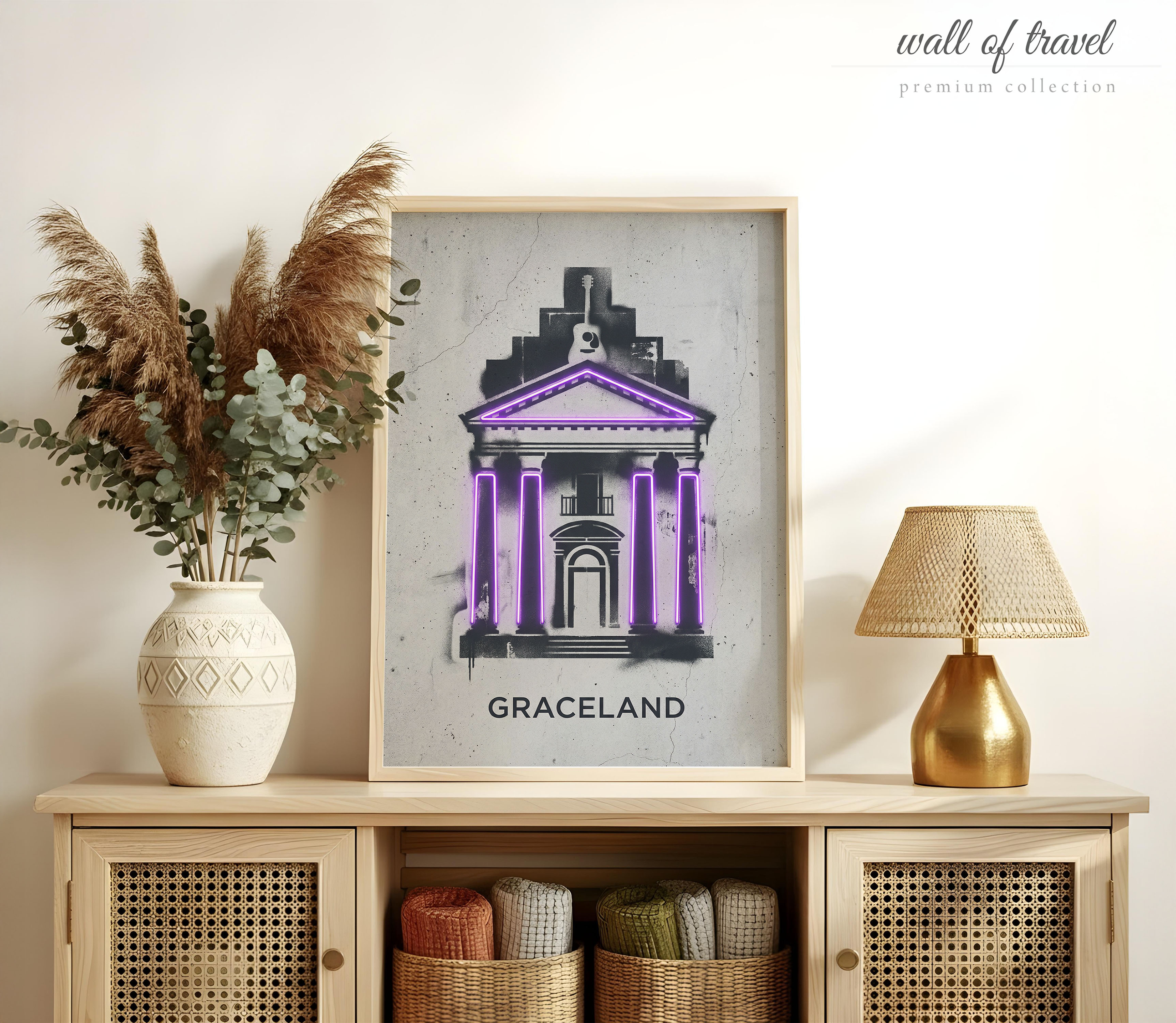 Memphis Tennessee Graceland Mansion Art, Canvas or Poster, Neon Paint Splash Decor, Living Room Home Bar Wall Art, Purple Black White Grey