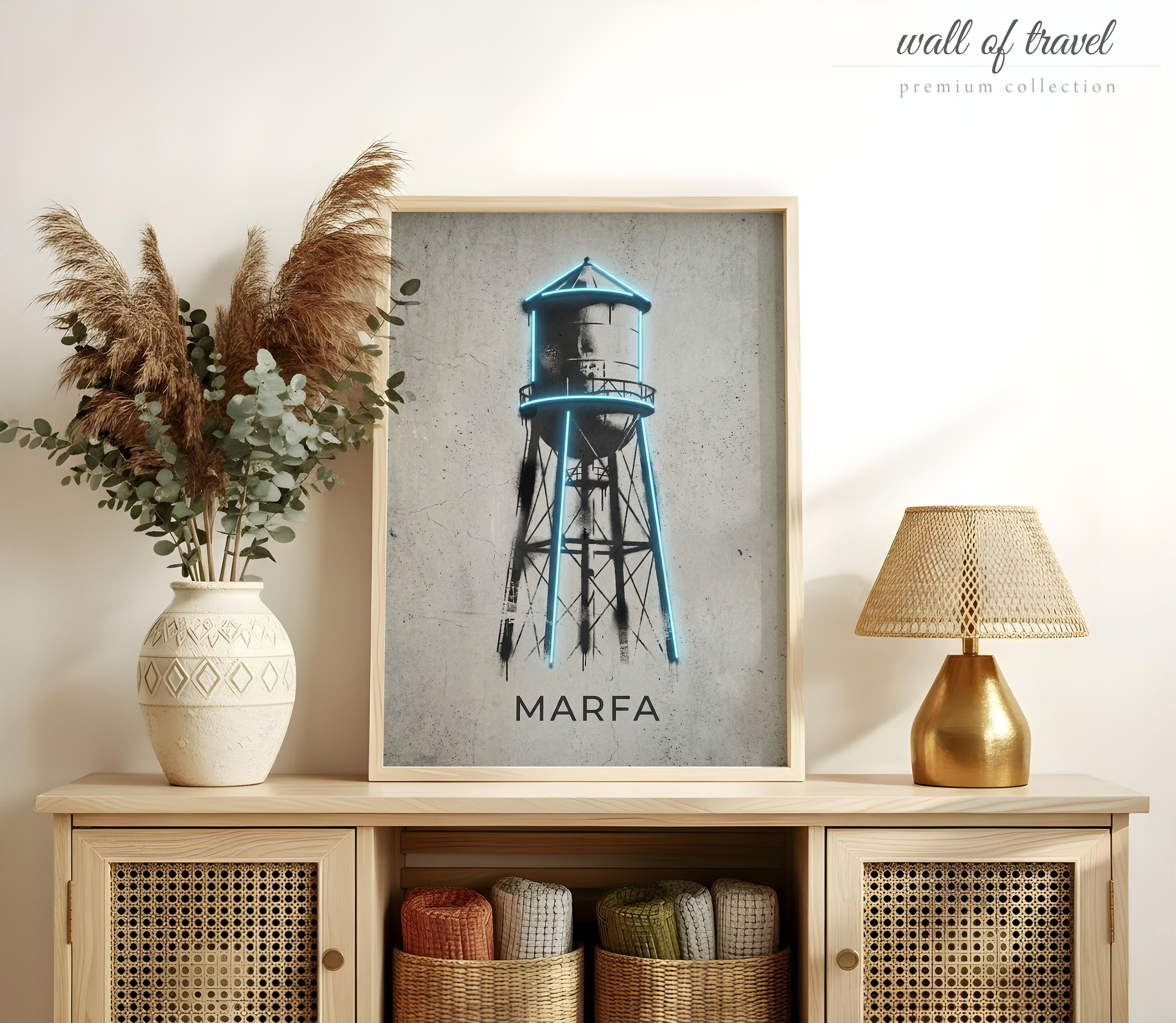 Marfa Texas Water Tower Art, Canvas or Poster, Neon Paint Splash Decor, Living Room Entryway Office Guest Room Wall Art, Blue Grey White