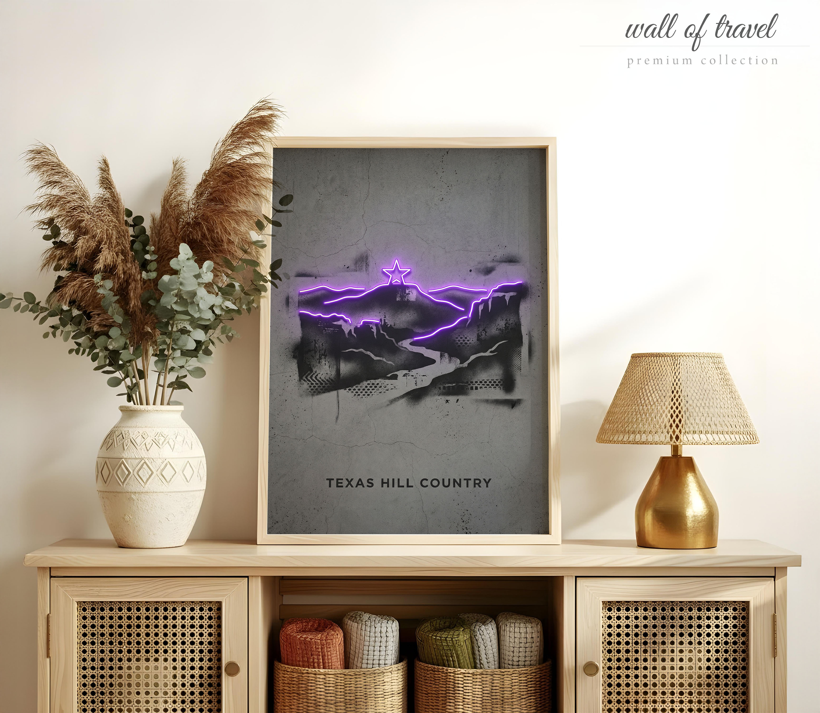 Texas USA Rolling Hills Star Art, Canvas or Poster, Neon Paint Splash Decor, Living Room Entryway Vacation Home Wall Art, Purple Black Grey