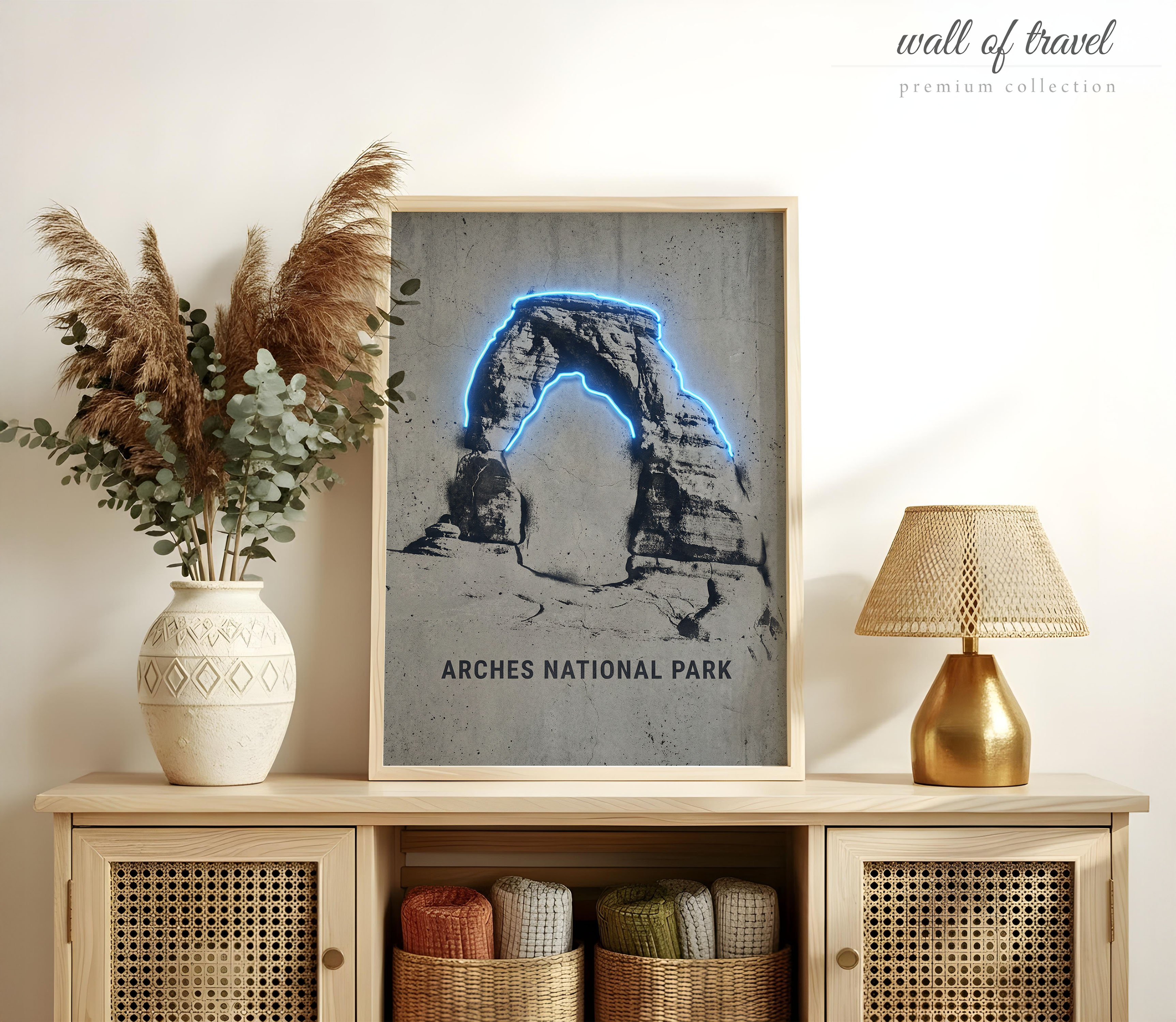 Arches National Park Utah Delicate Arch Art, Canvas or Poster, Neon Paint Splash Decor, Living Room Office Den Wall Art, Blue Grey Black