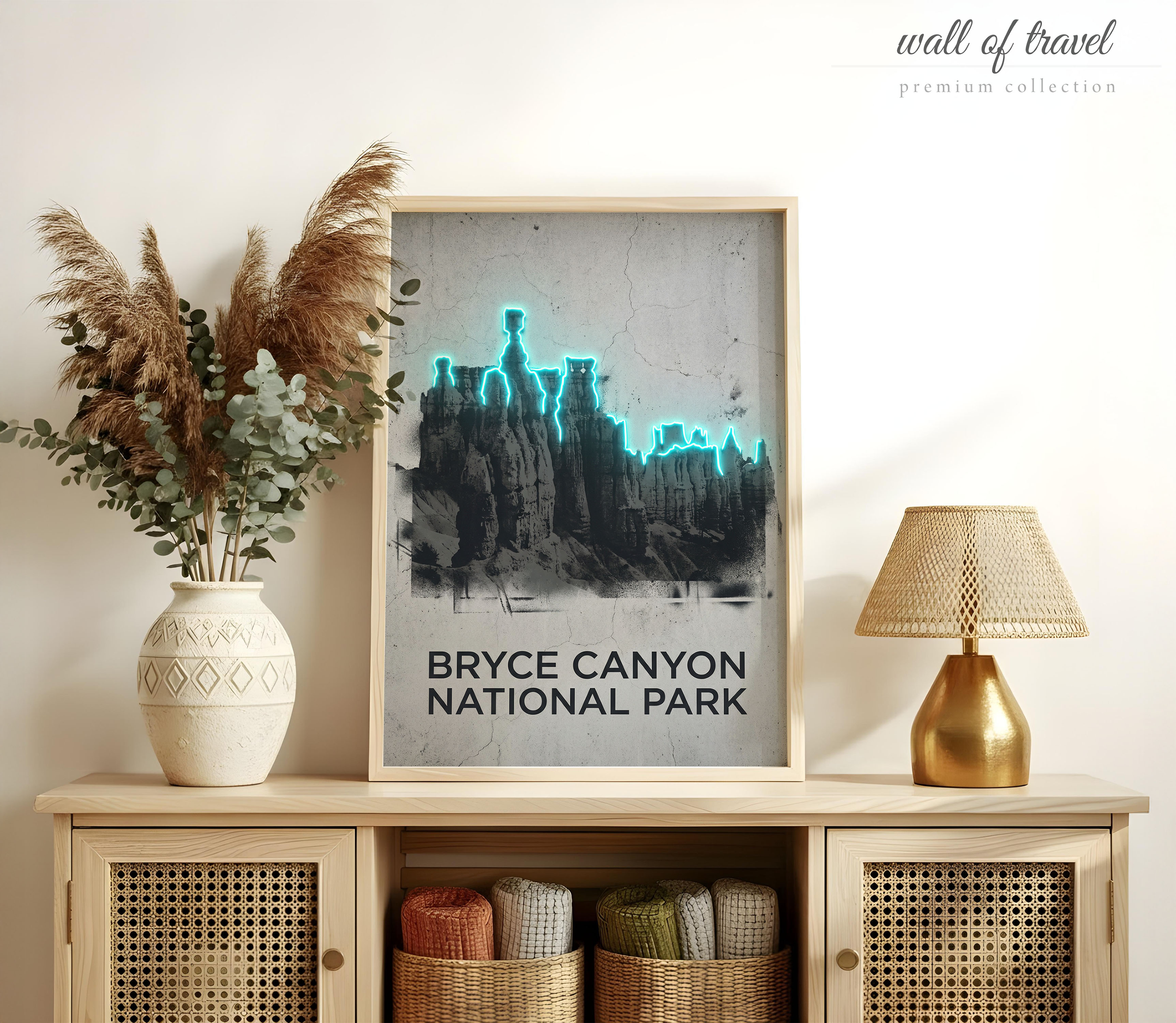 Utah USA Hoodoos Art, Canvas or Poster, Neon Paint Splash Decor, Living Room Entryway Office Vacation Home Wall Art, Blue Black Grey White