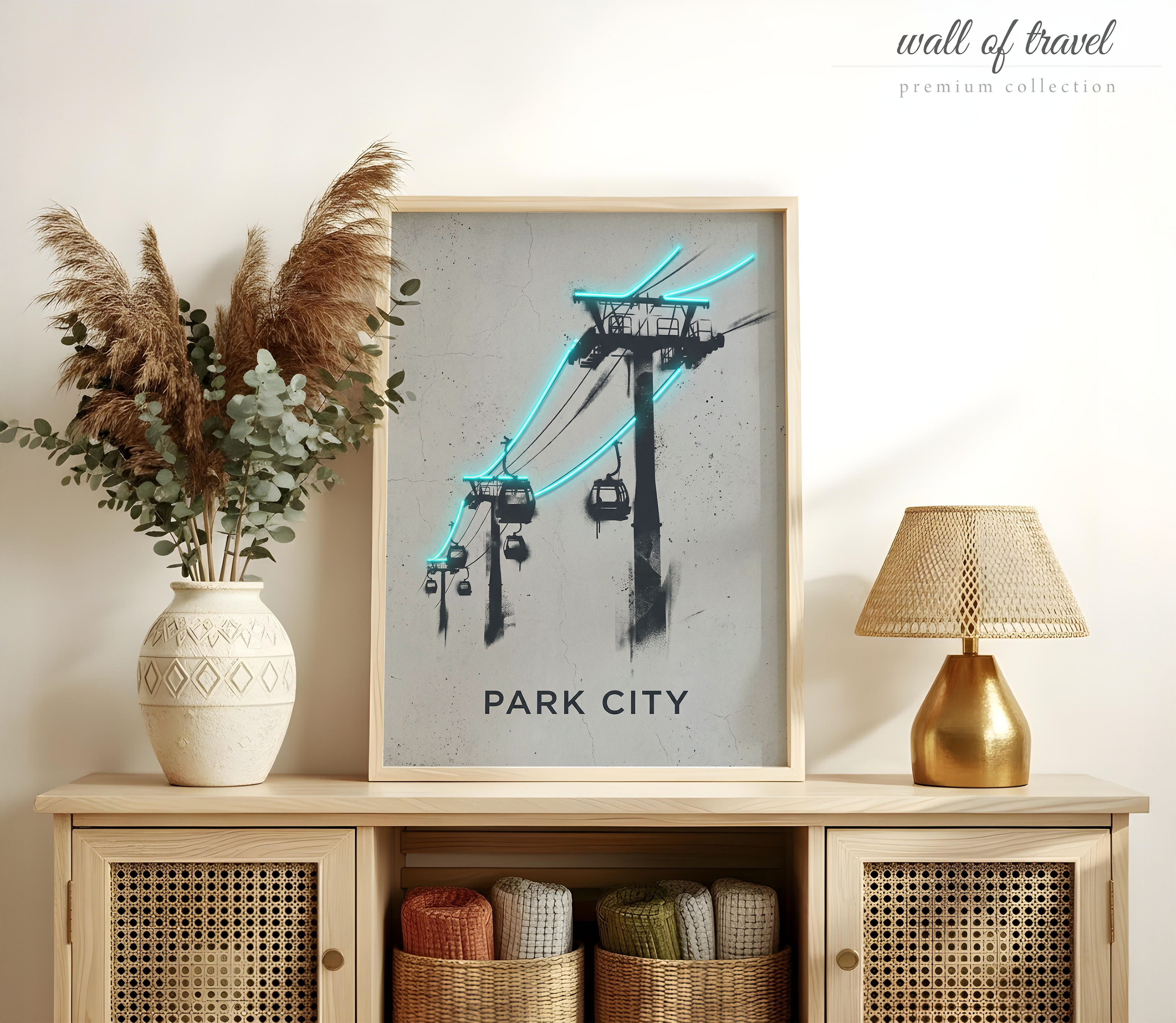 Park City Utah Ski Lift Gondolas Art, Canvas or Poster, Neon Paint Splash Decor, Living Room Ski Lodge Entryway Wall Art, Teal Black Grey