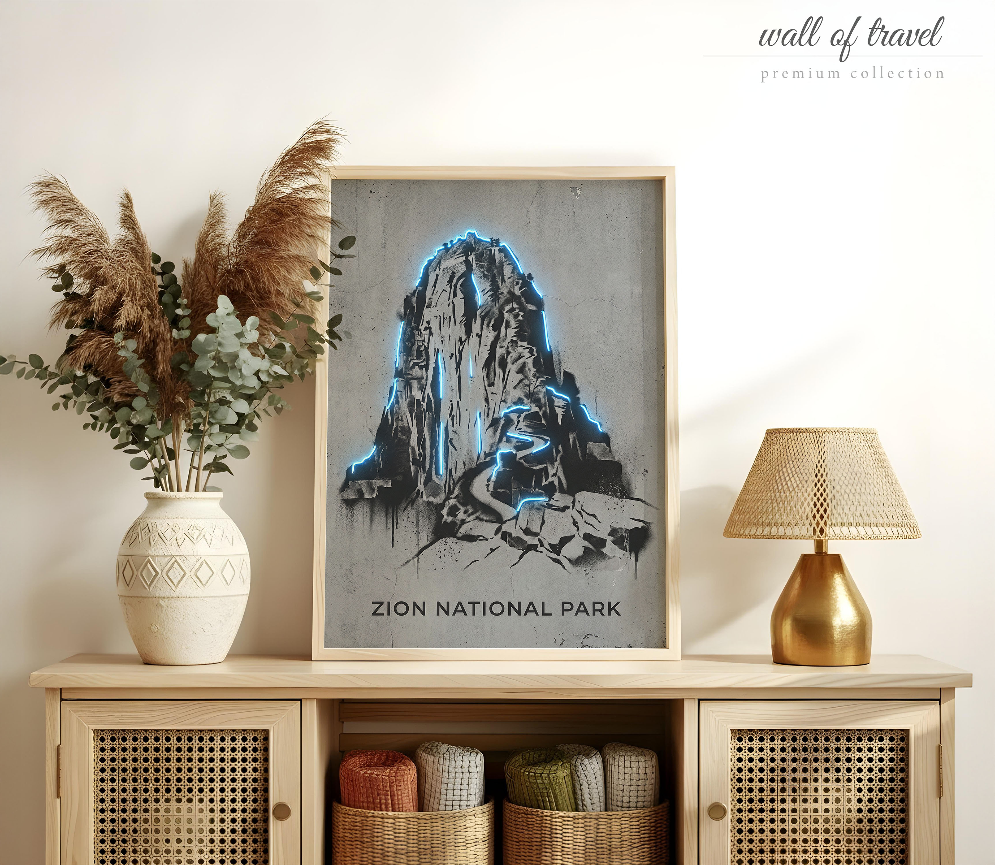 Zion National Park Utah Sandstone Cliffs Art, Canvas or Poster, Neon Paint Splash Decor, Living Room Office Study Wall Art, Blue Grey Black