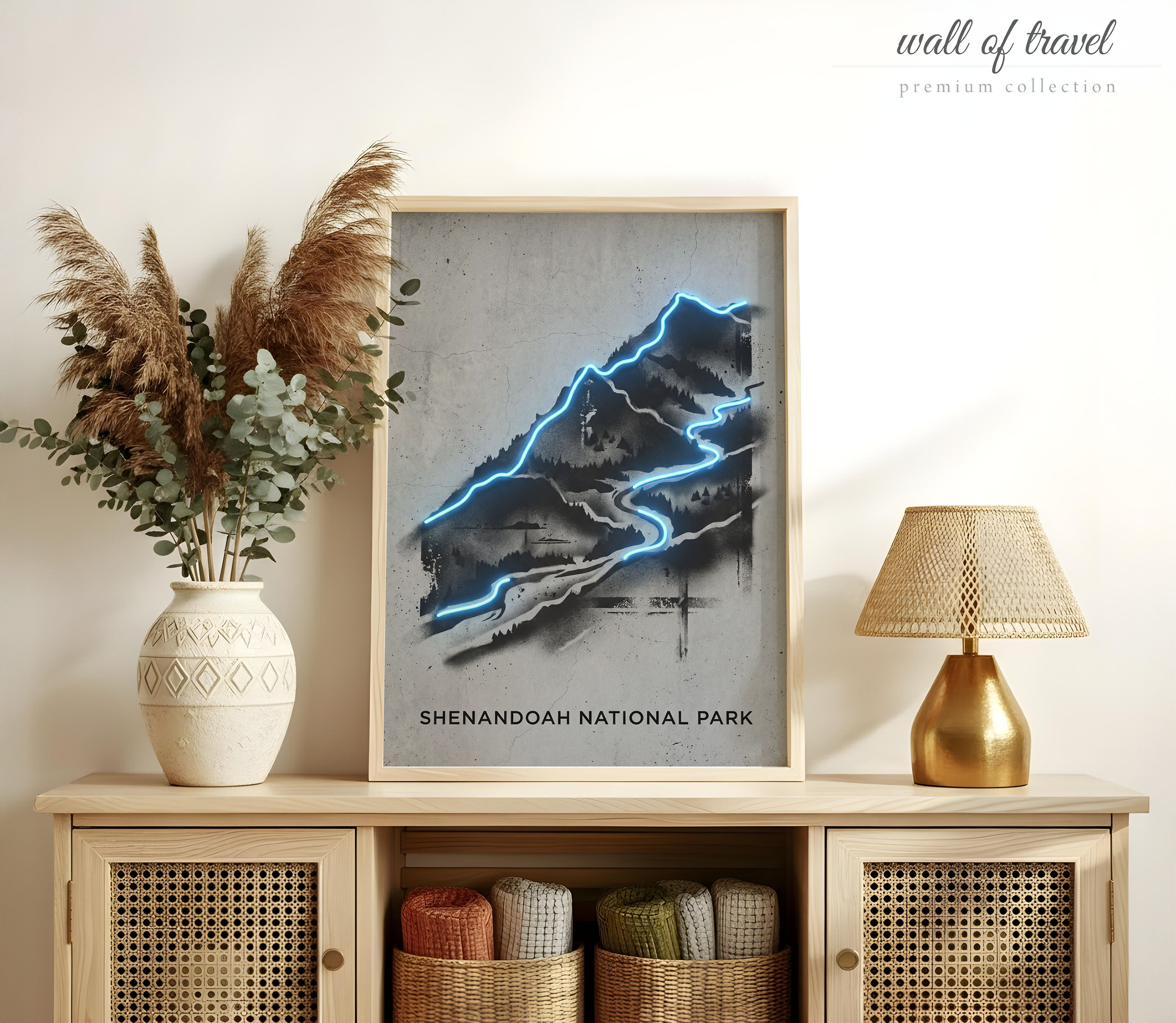 Shenandoah Virginia Skyline Drive Art, Canvas or Poster, Neon Paint Splash Decor, Living Room Office Vacation Home Wall Art, Blue Black Grey