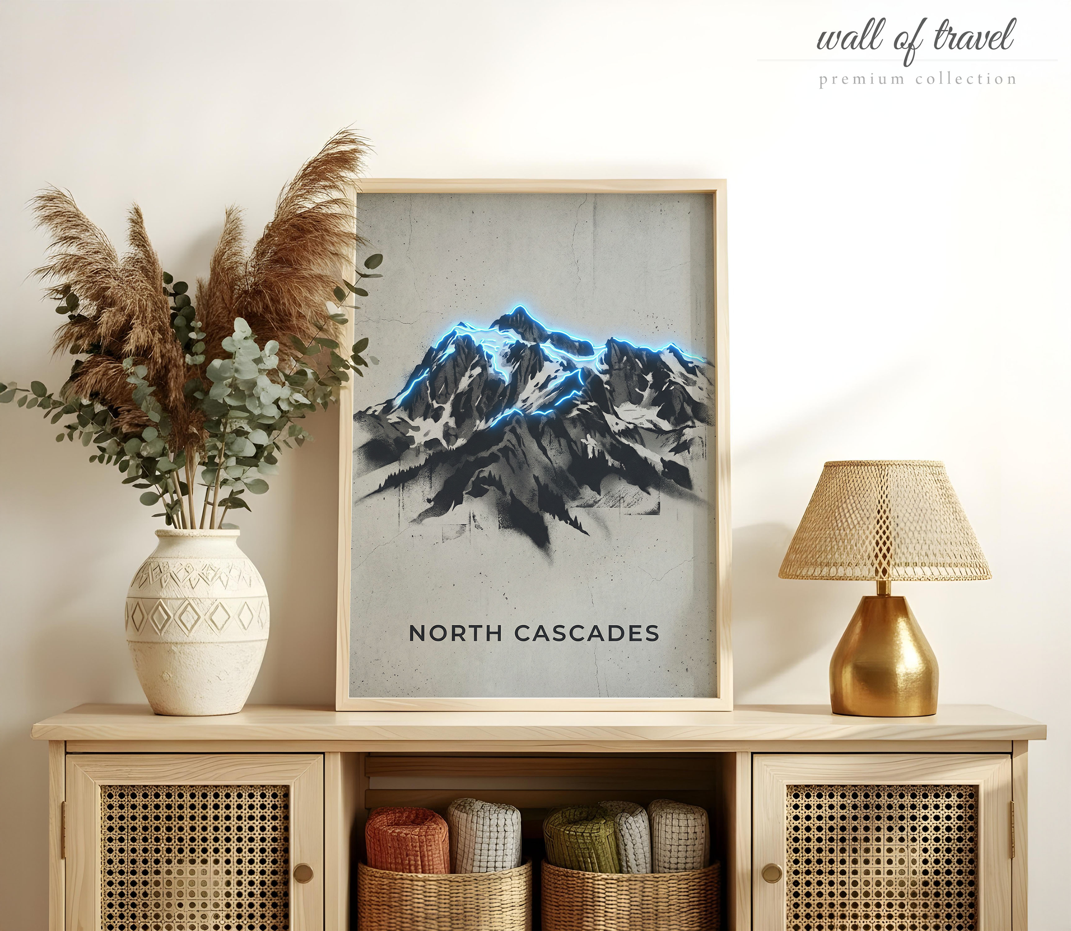 Washington USA Mountain Range Art, Canvas or Poster, Neon Paint Splash Decor, Living Room Office Vacation Home Wall Art, Blue Black Grey