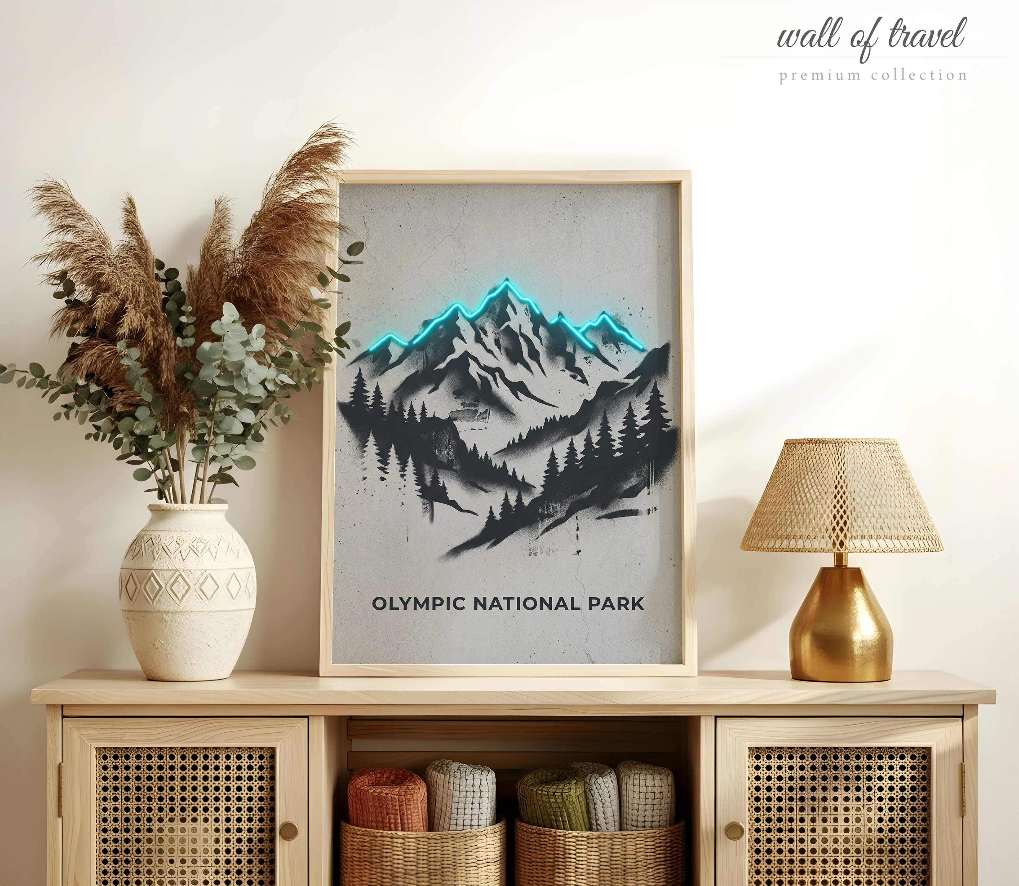 Olympic National Park Washington Mountain Range Art, Canvas or Poster, Neon Paint Splash Decor, Living Room Office Den Wall Art, Blue Grey