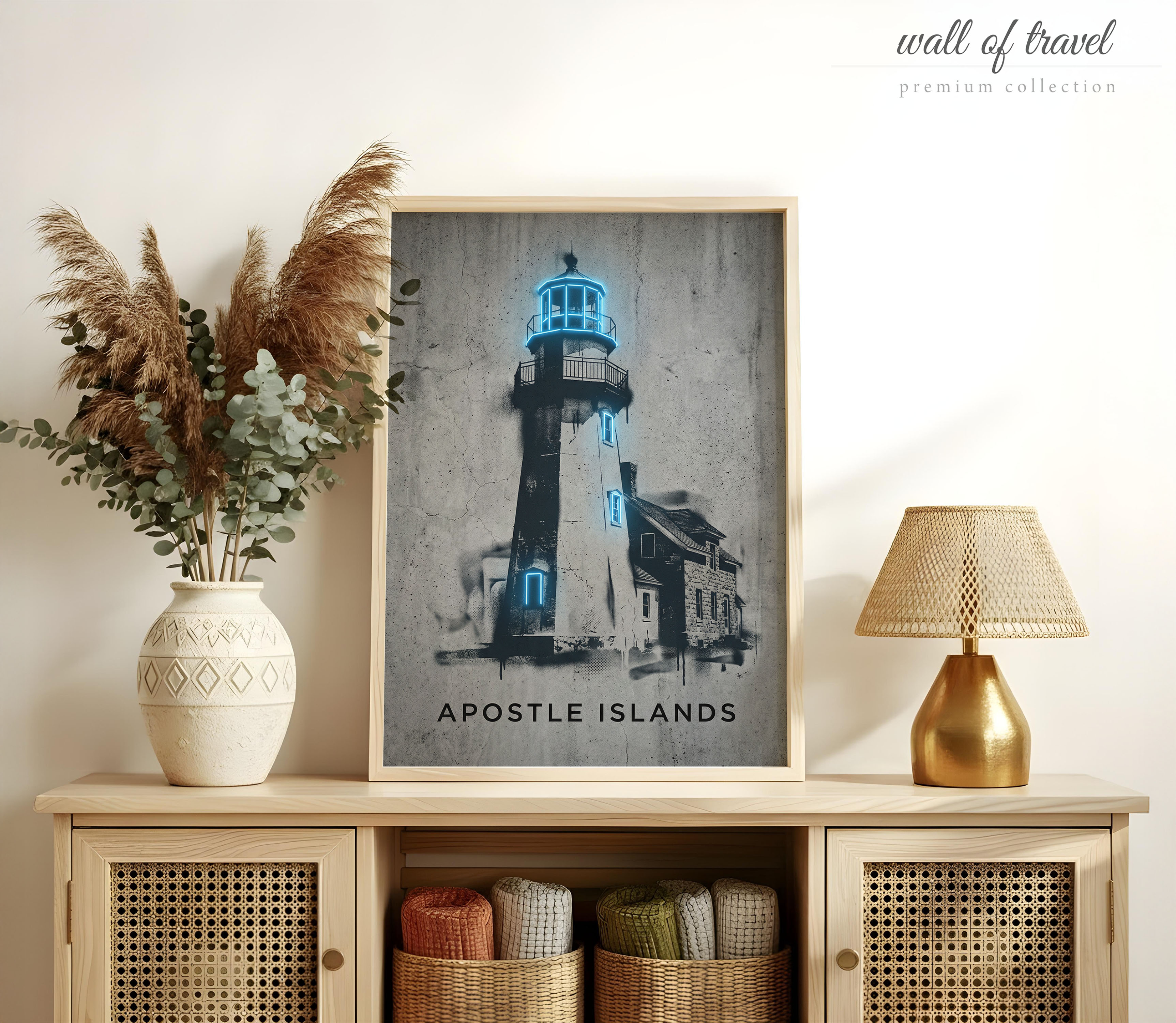 Apostle Islands Wisconsin Raspberry Island Lighthouse Art, Canvas or Poster, Neon Paint Splash Decor, Living Room Cafe Art, Blue Black Grey