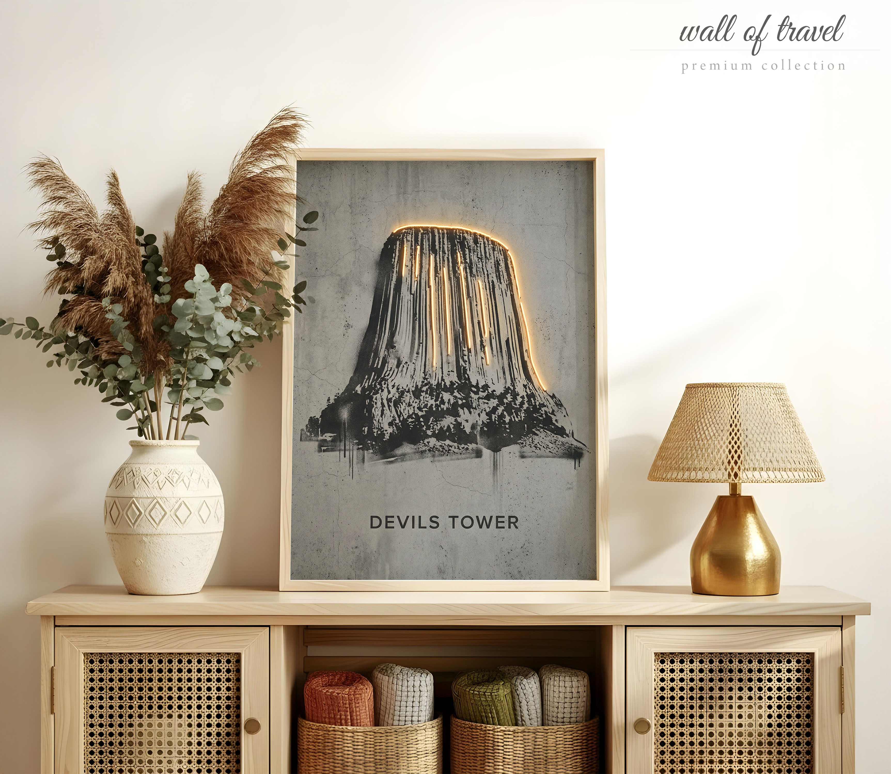 Devils Tower Wyoming Tower Art, Canvas or Poster, Neon Paint Splash Decor, Living Room Office Den Vacation Home Wall Art, Black Grey White