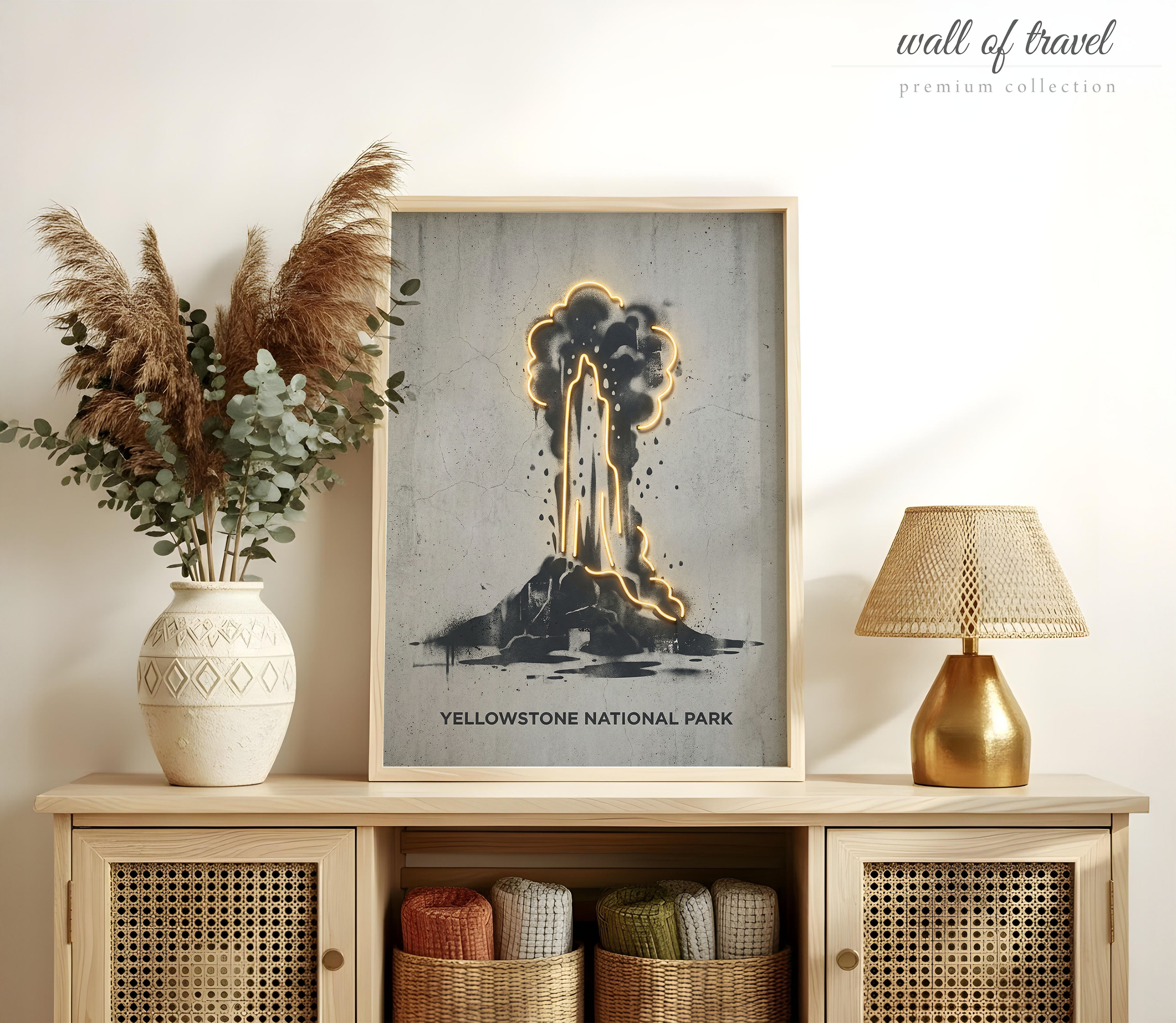 Yellowstone National Park Wyoming Old Faithful Geyser Art, Canvas or Poster, Neon Paint Splash Decor, Living Room Office Vacation Wall Art,