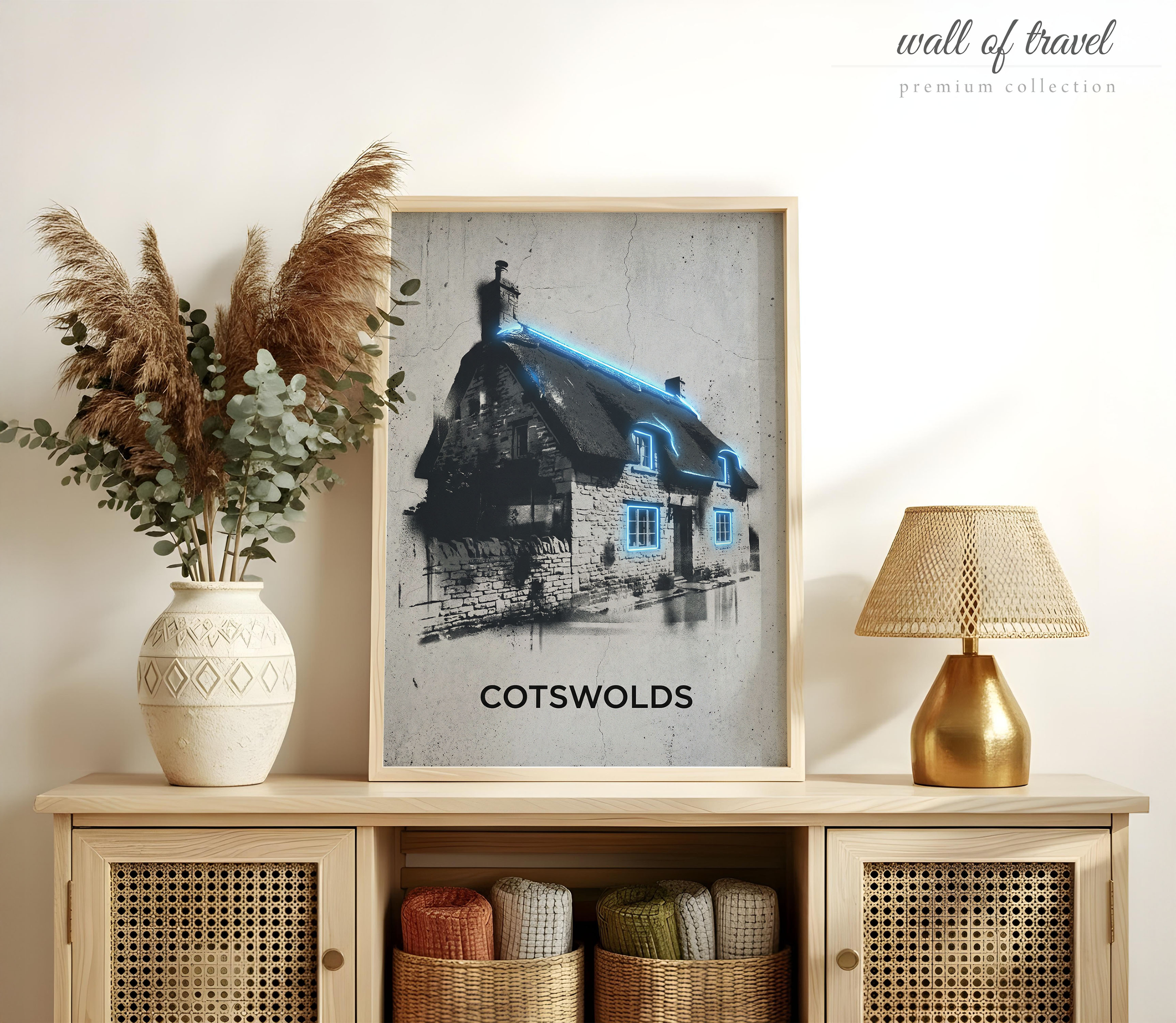 Cotswolds England Thatched Cottage Art, Canvas or Poster, Neon Paint Splash Decor, Living Room Study Vacation Home Wall Art, Blue Black Grey