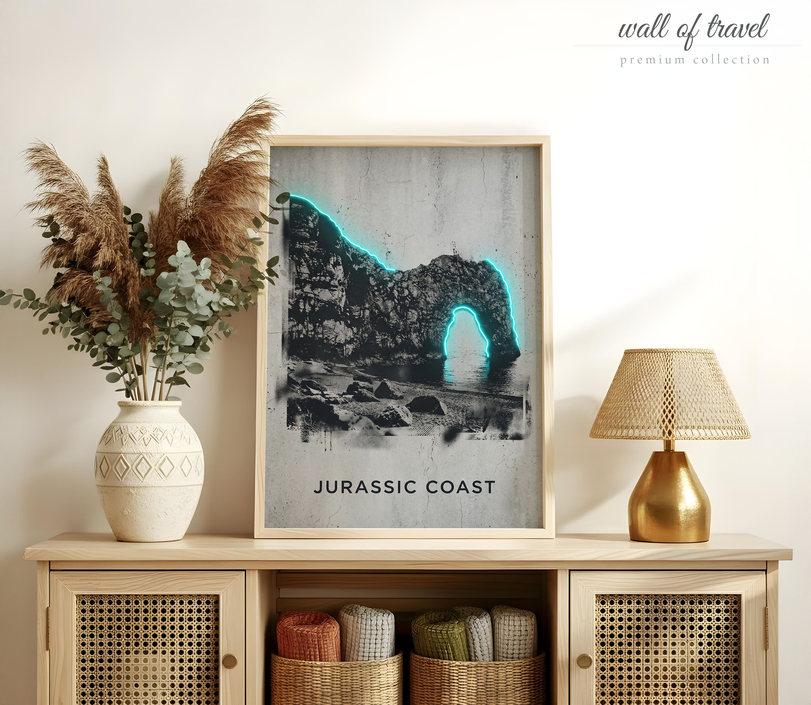 Jurassic Coast England Natural Rock Arch Art, Canvas or Poster, Neon Paint Splash Decor, Living Room Entryway Vacation Home Wall Art, Grey