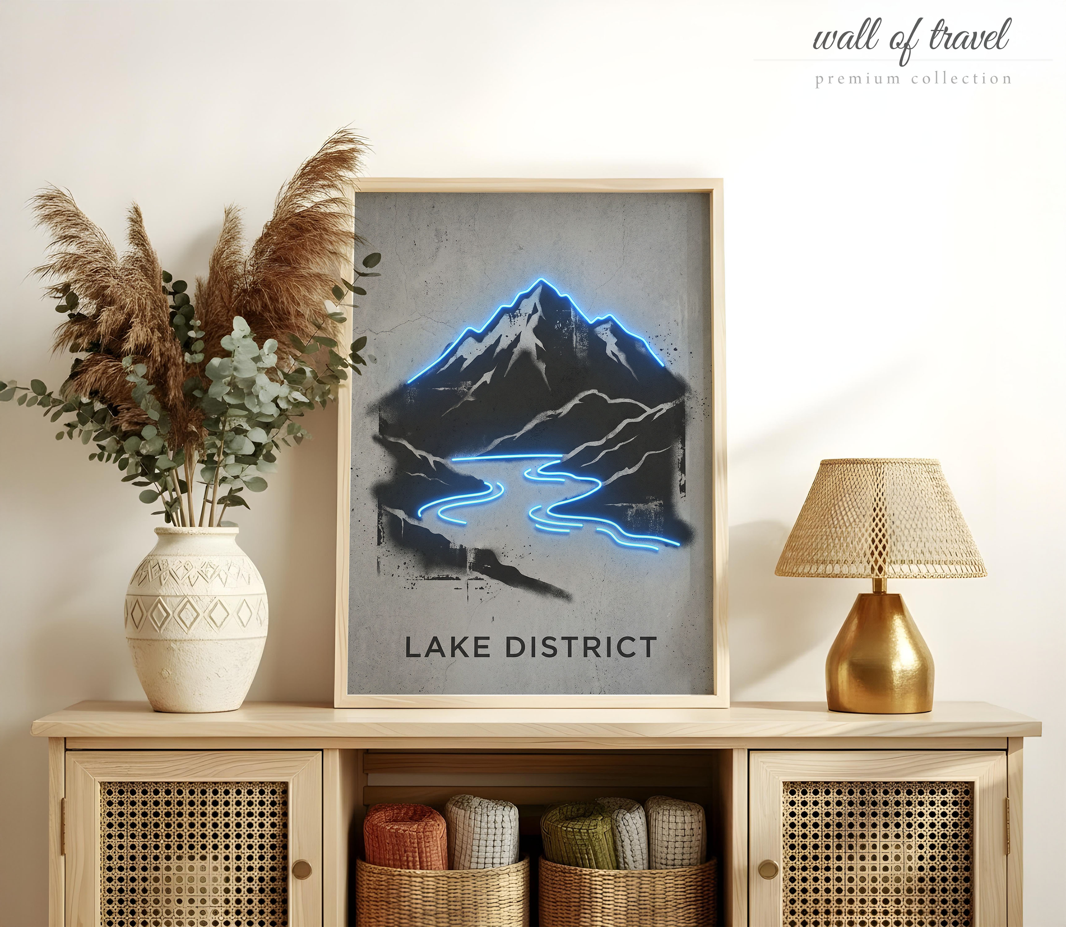 Lake District England Mountains and River Art, Canvas or Poster, Neon Paint Splash Decor, Living Room Entryway Study Wall Art, Blue Grey