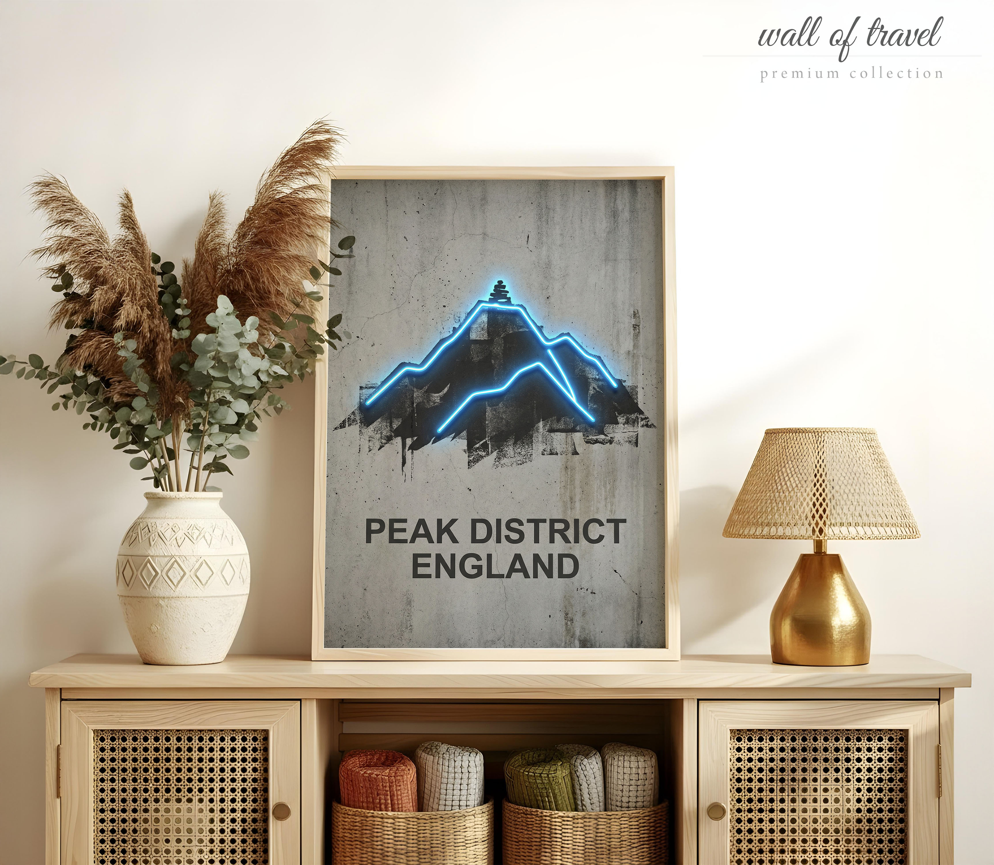 Peak District England Mountain Silhouette with Cairn Art, Canvas or Poster, Neon Paint Splash Decor, Living Room Office Study Wall Art, Grey