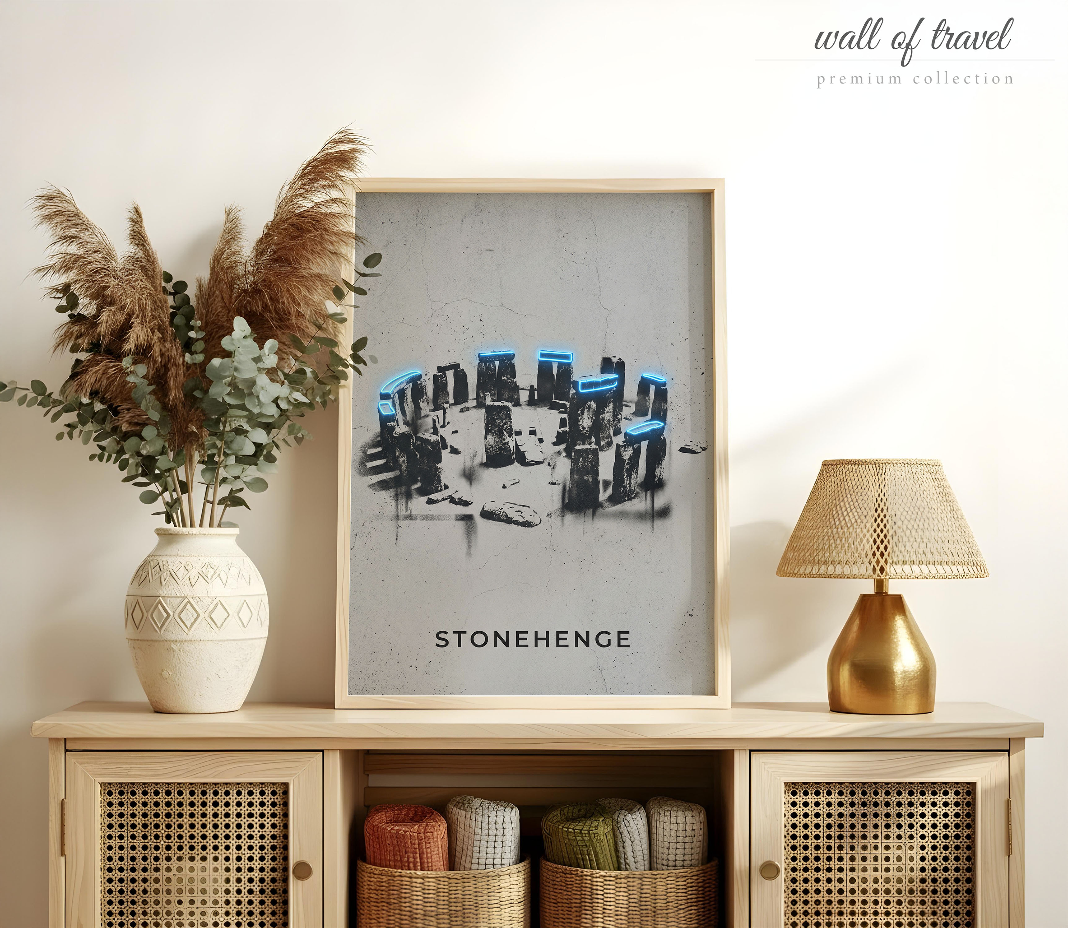 Wiltshire England Stonehenge Monument Art, Canvas or Poster, Neon Paint Splash Decor, Living Room Office Den Wall Art, Blue Grey Black White