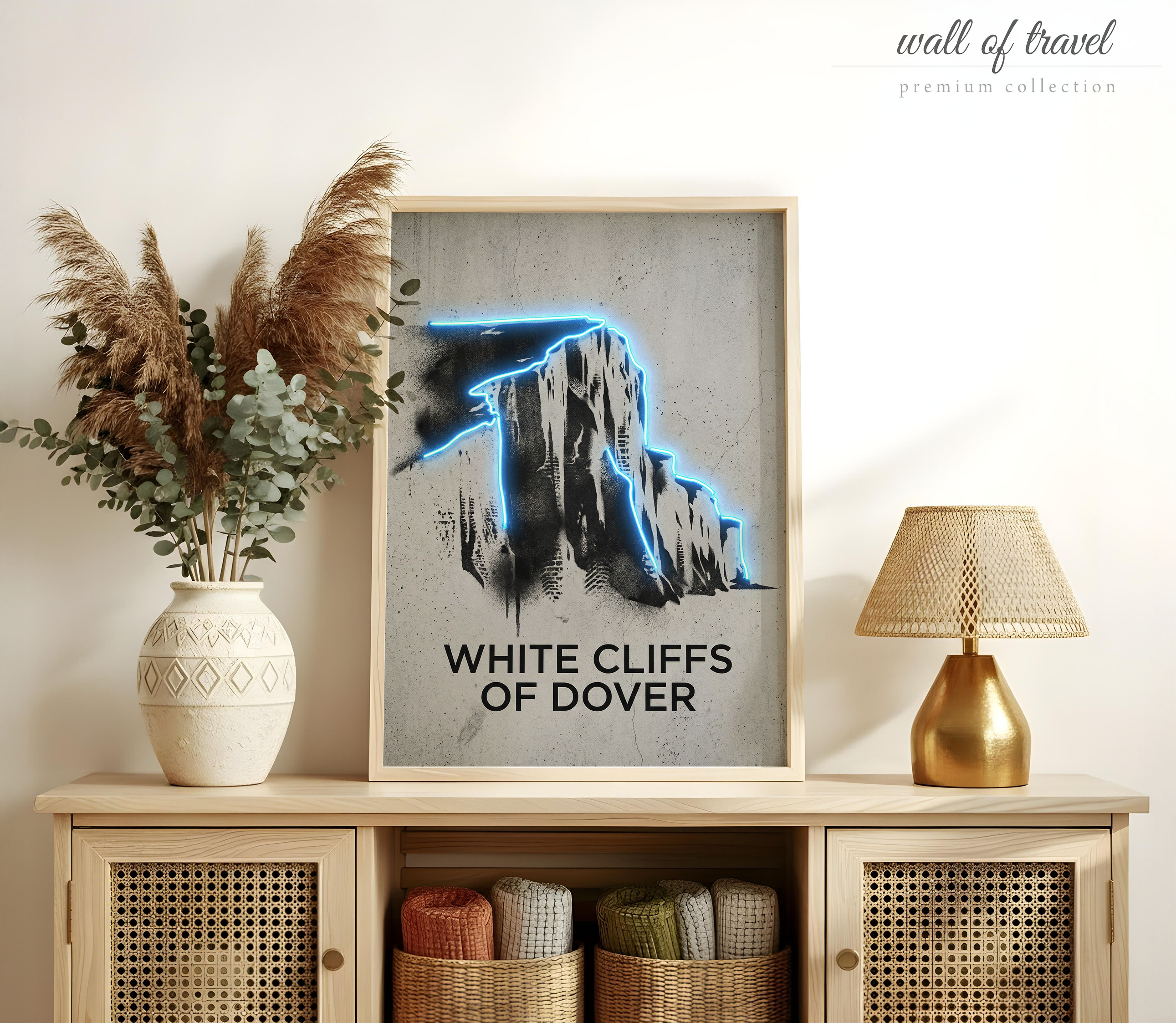 Dover England White Cliffs of Dover Art, Canvas or Poster, Neon Paint Splash Decor, Living Room Entryway Office Wall Art, Blue Black White