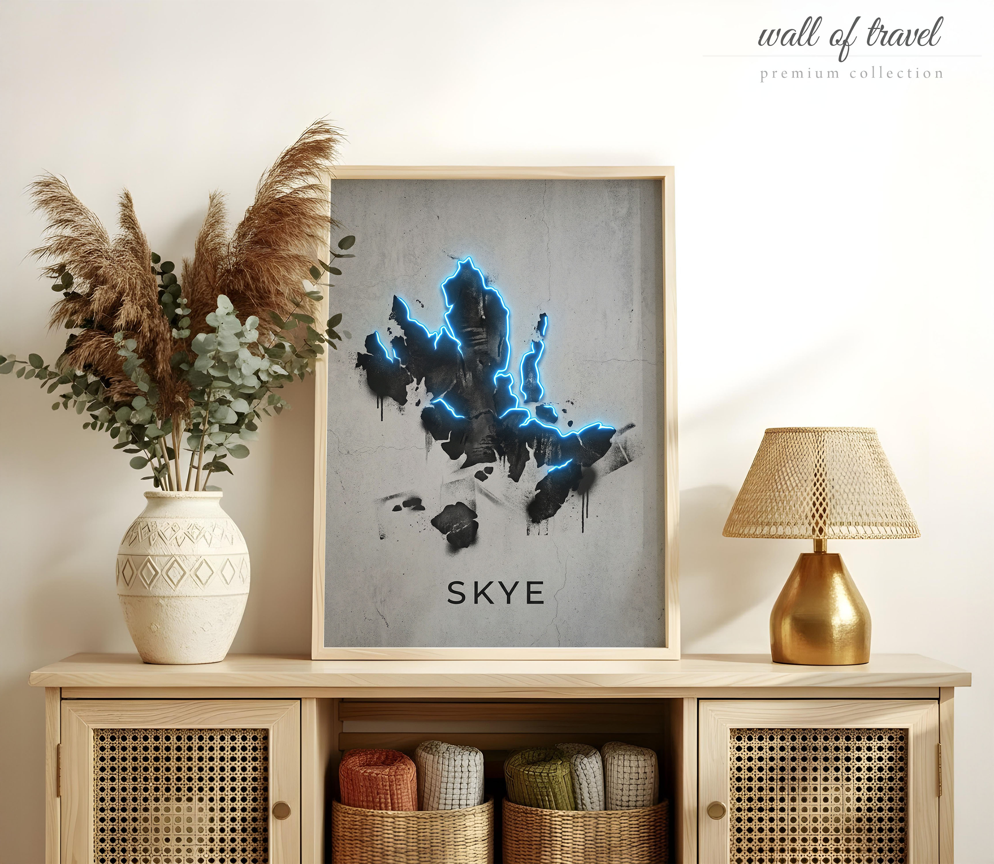 Isle Of Skye Scotland Map Outline Art, Canvas or Poster, Neon Paint Splash Decor, Living Room Entryway Home Bar Wall Art, Blue Black Grey