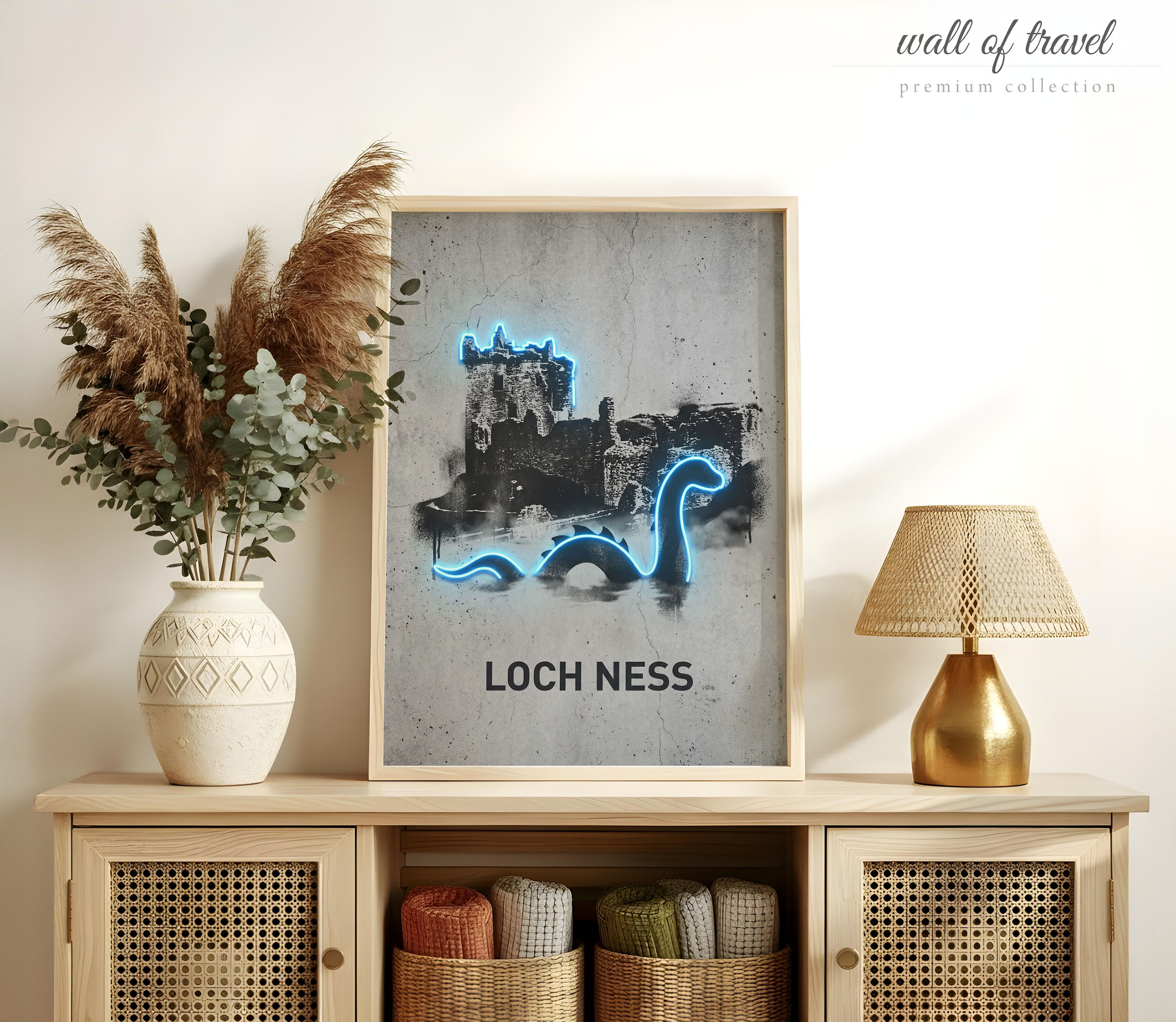 Loch Ness Scotland Urquhart Castle Art, Canvas or Poster, Neon Paint Splash Decor, Living Room Den Home Bar Wall Art, Blue Black Grey White