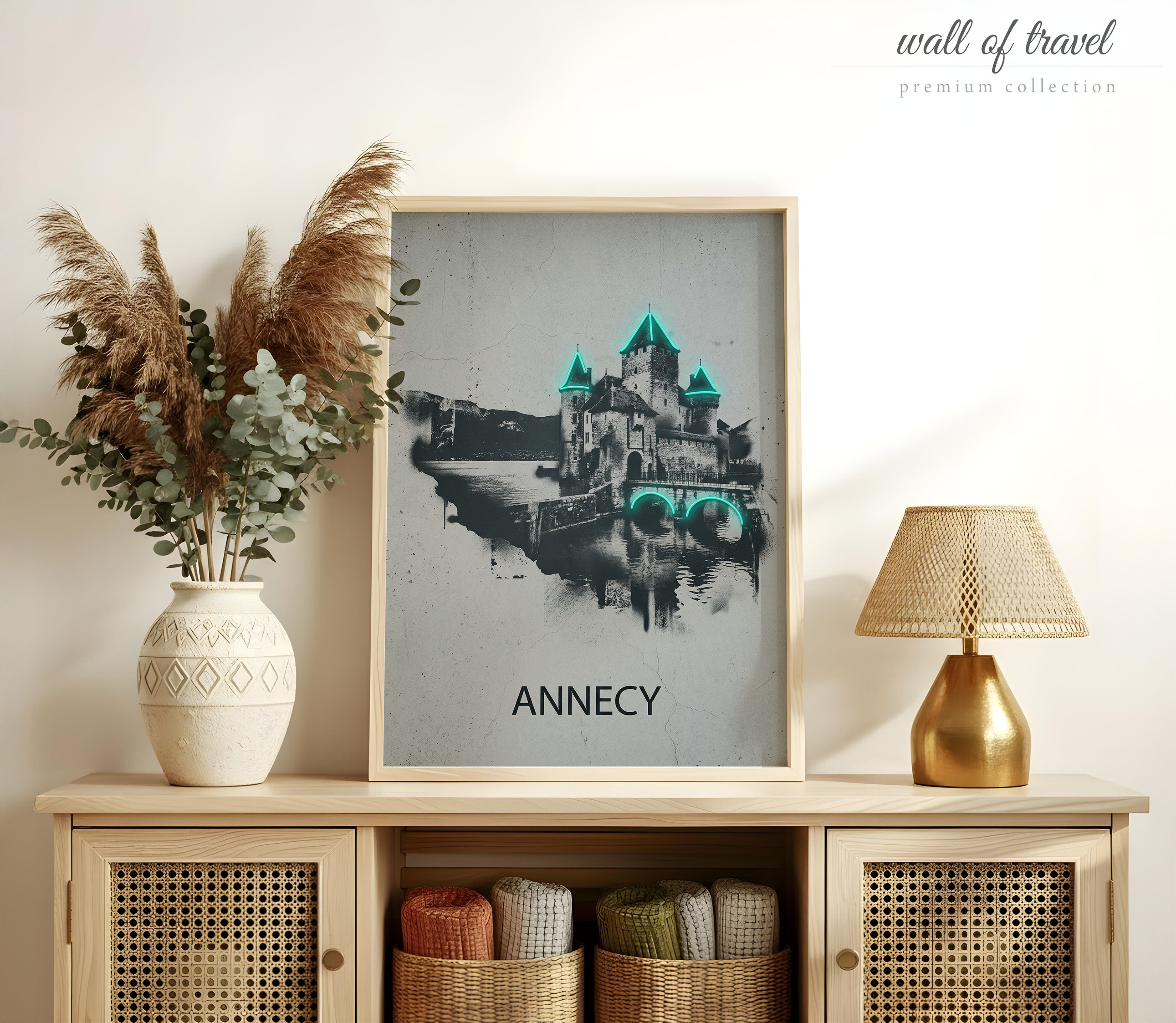 Annecy France Palais de l'Isle Art, Canvas or Poster, Neon Paint Splash Decor, Living Room Bedroom Office Wall Art, Teal Black Grey White