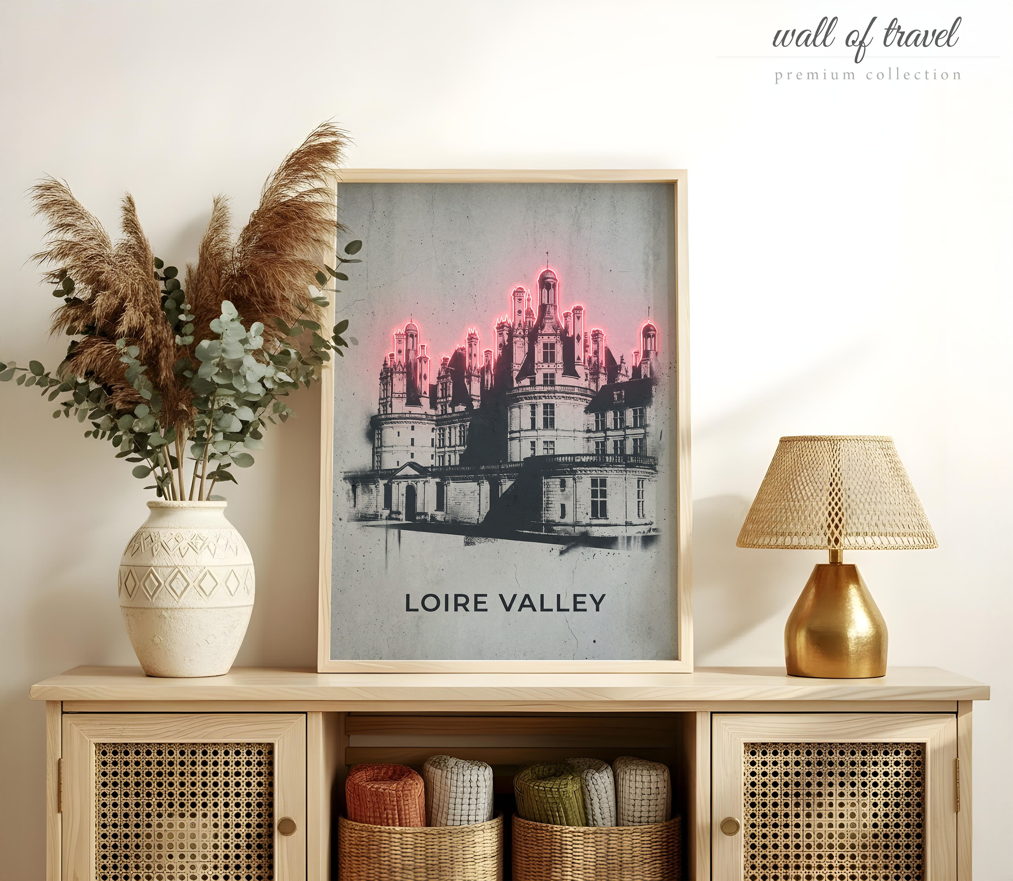 Loire Valley France Château de Chambord Art, Canvas or Poster, Neon Paint Splash Decor, Living Room Bedroom Study Wall Art, Pink Black Grey