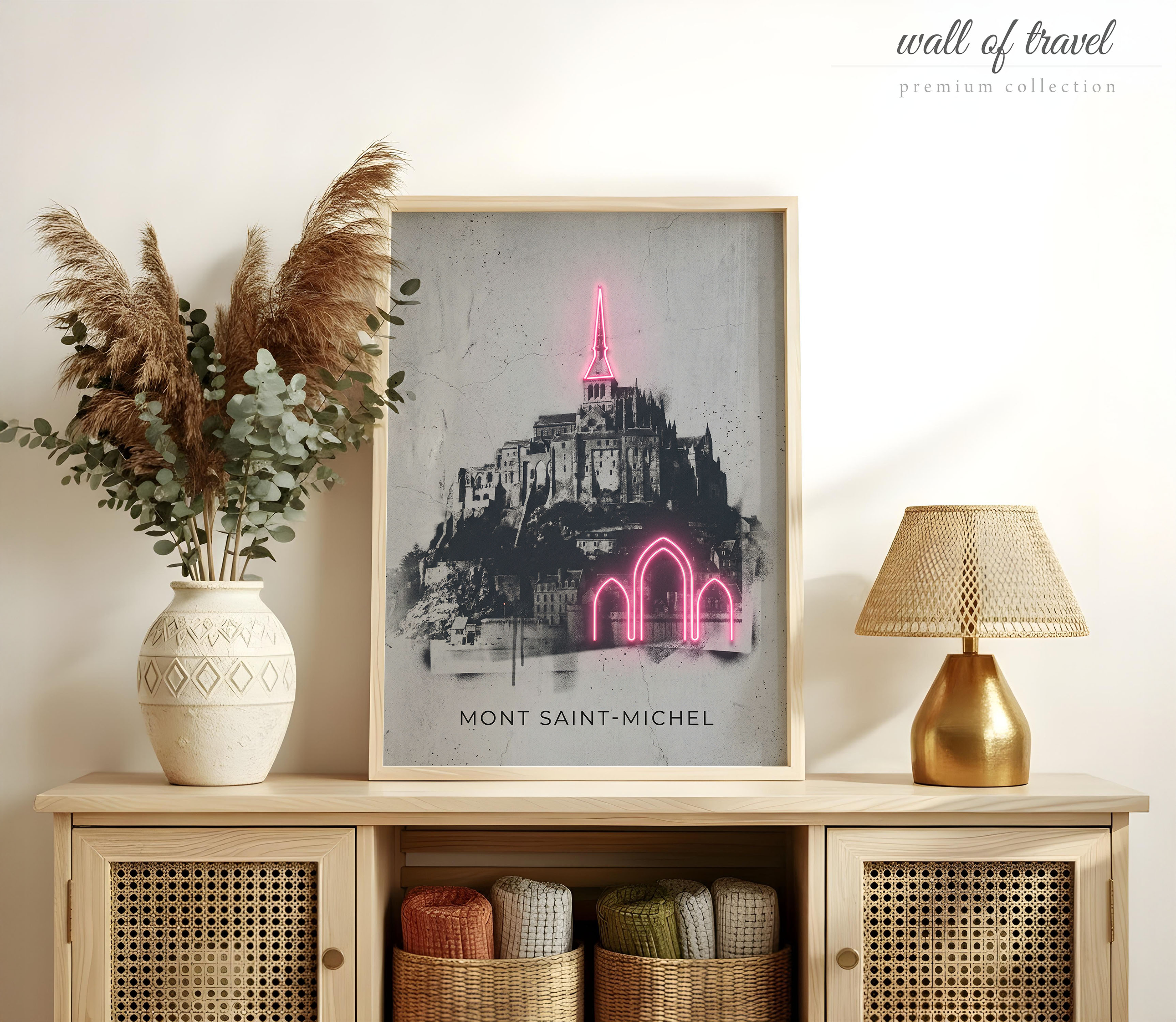 Mont Saint-Michel France Saint-Michel Abbey Art, Canvas or Poster, Neon Paint Splash Decor, Living Room Bedroom Office Wall Art, Pink Grey