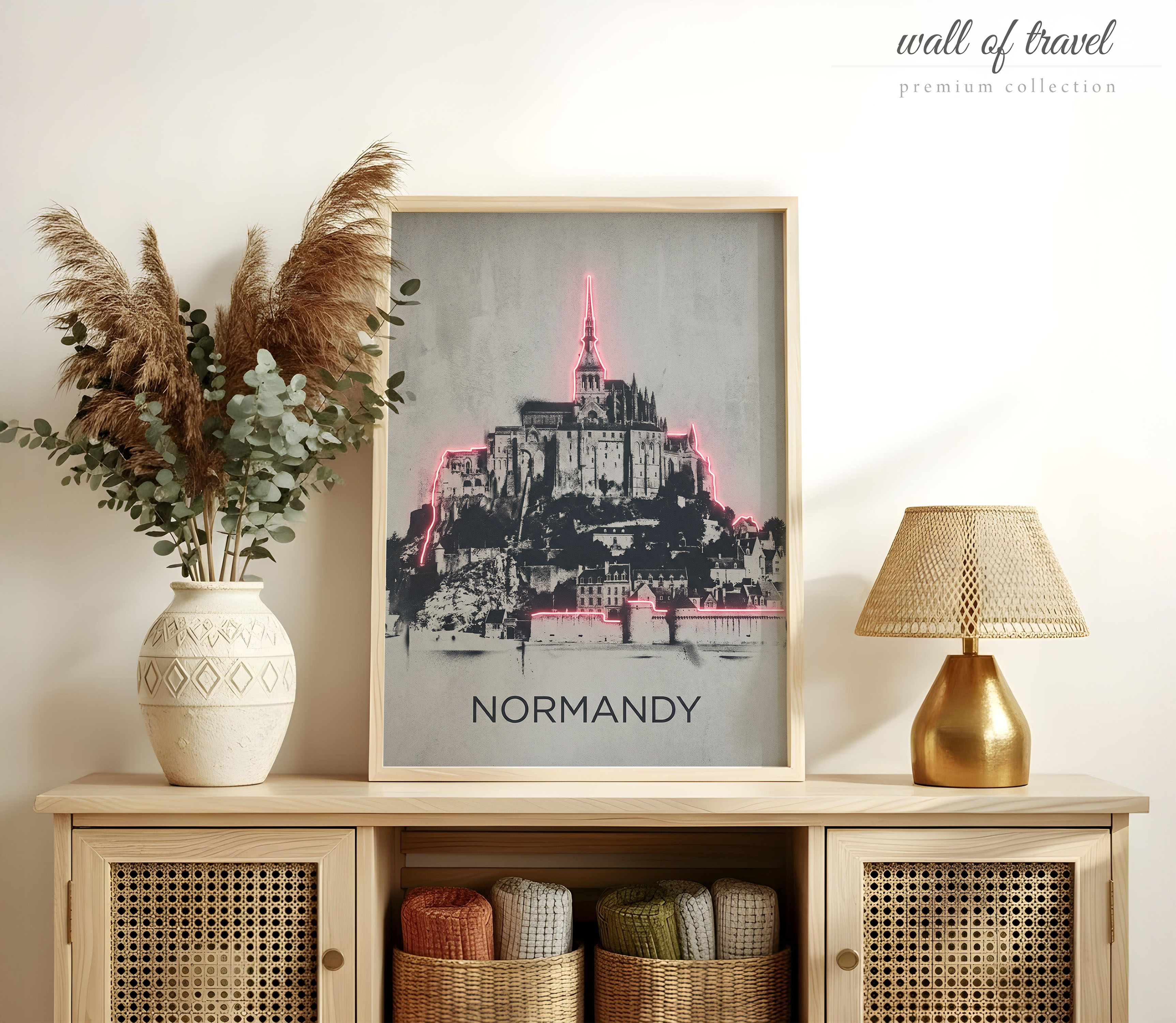 Normandy France Mont Saint-Michel Abbey Art, Canvas or Poster, Neon Paint Splash Decor, Living Room Bedroom Office Wall Art, White Pink